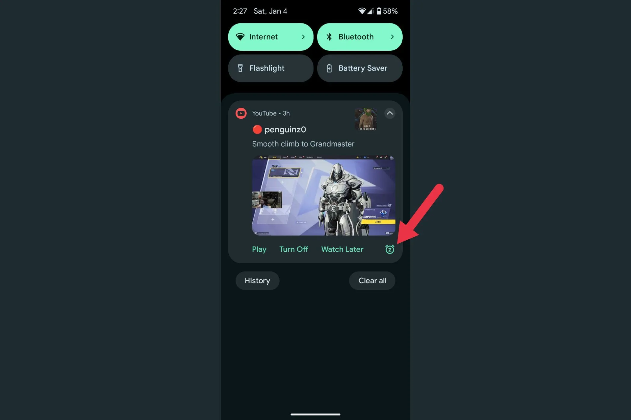An arrow highlighting the Snooze button