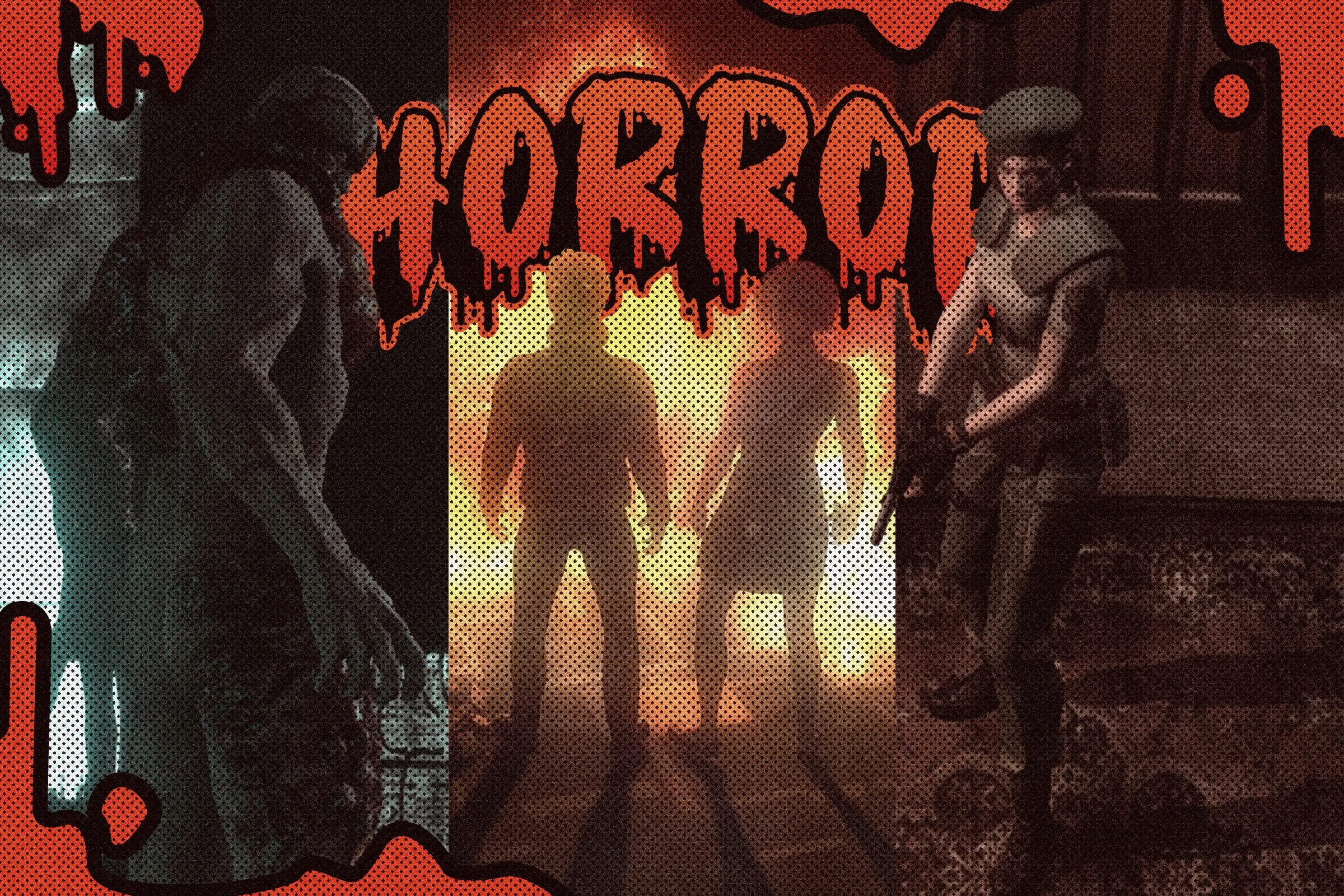 Ảnh chia ba màn hình minh họa các cảnh kinh dị và từ &quot;horror&quot; ở giữa