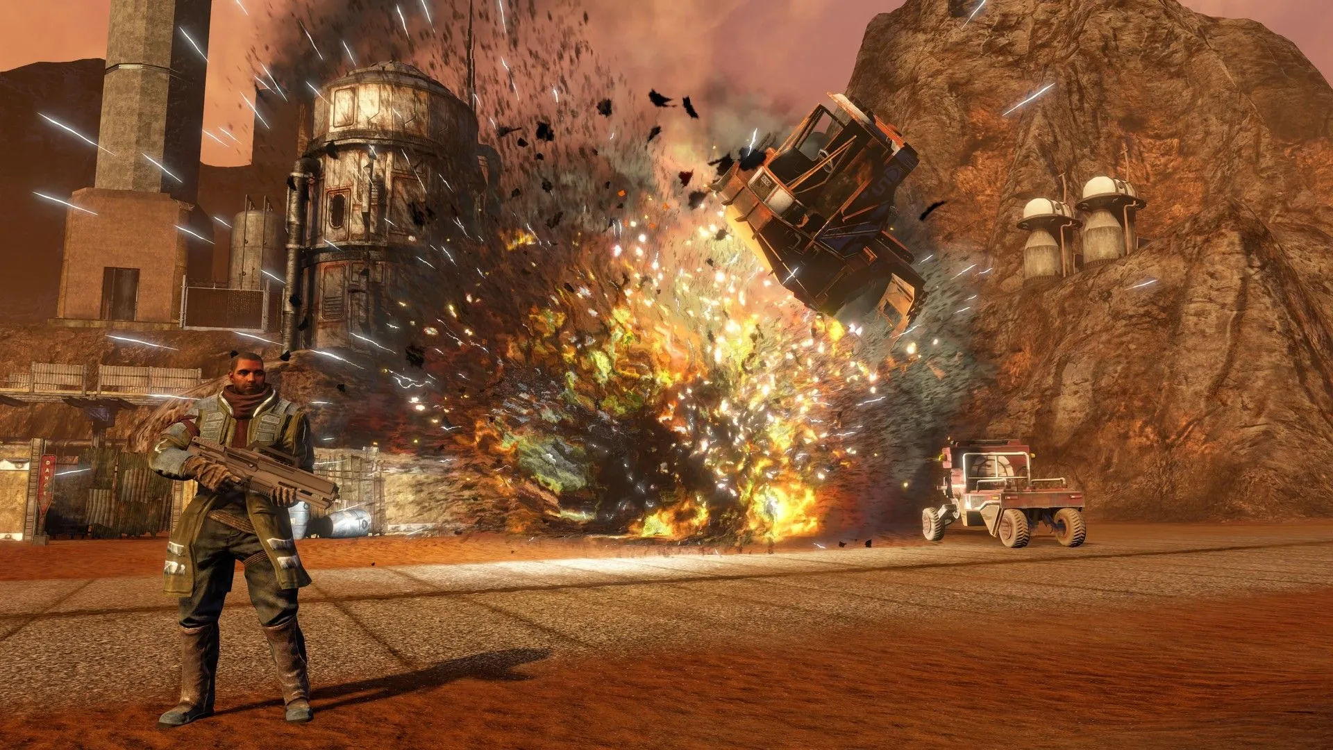 Ảnh chụp màn hình của Red Faction: Guerilla, hiển thị cảnh phá hủy môi trường.