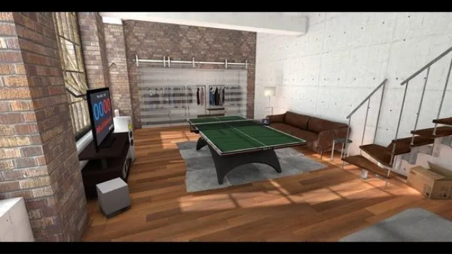 Ảnh chụp màn hình game Eleven Table Tennis VR, mô phỏng chân thực trận đấu bóng bàn trong môi trường thực tế ảo.