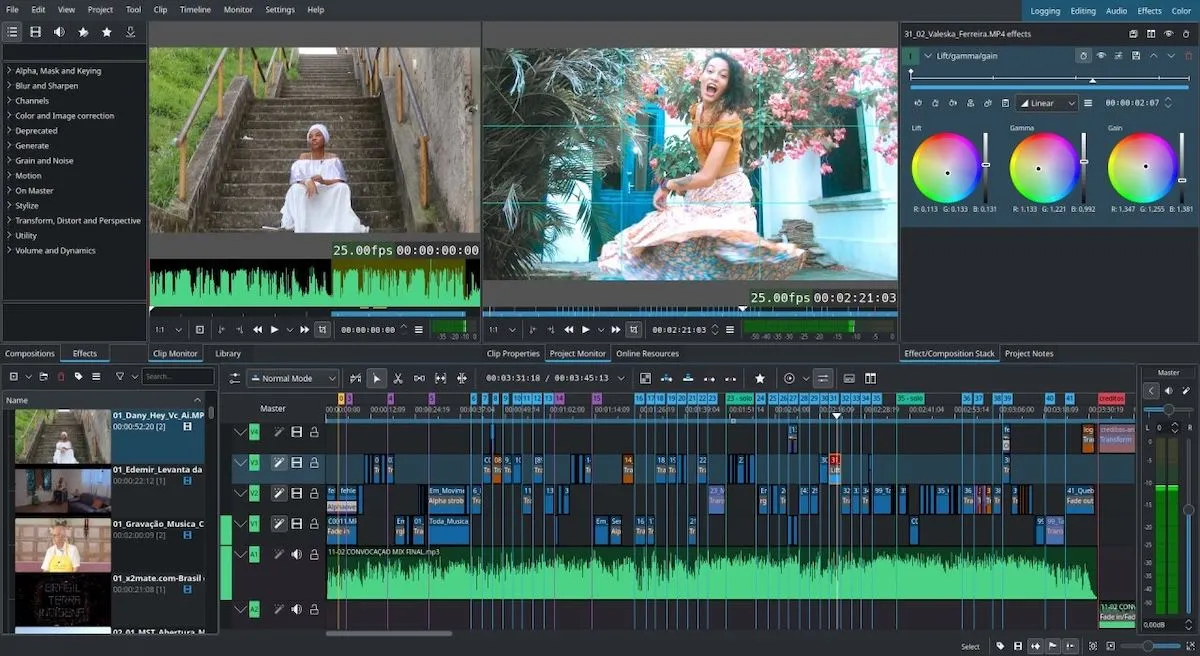 Ảnh chụp màn hình phần mềm chỉnh sửa video Kdenlive với giao diện timeline và các công cụ chỉnh sửa