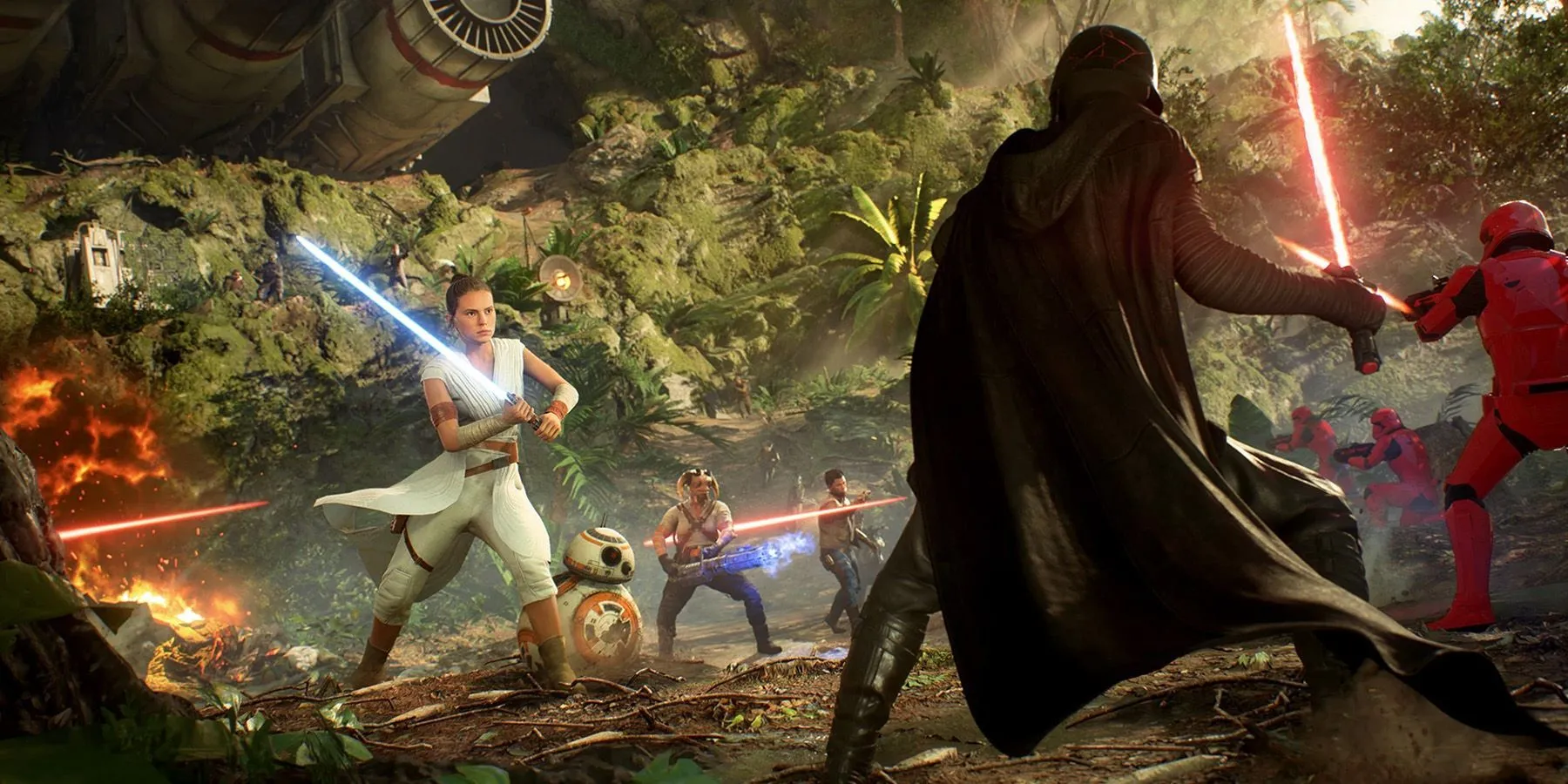 Ảnh chụp màn hình từ game Star Wars: Battlefront 2, hiển thị cảnh chiến đấu hoành tráng.