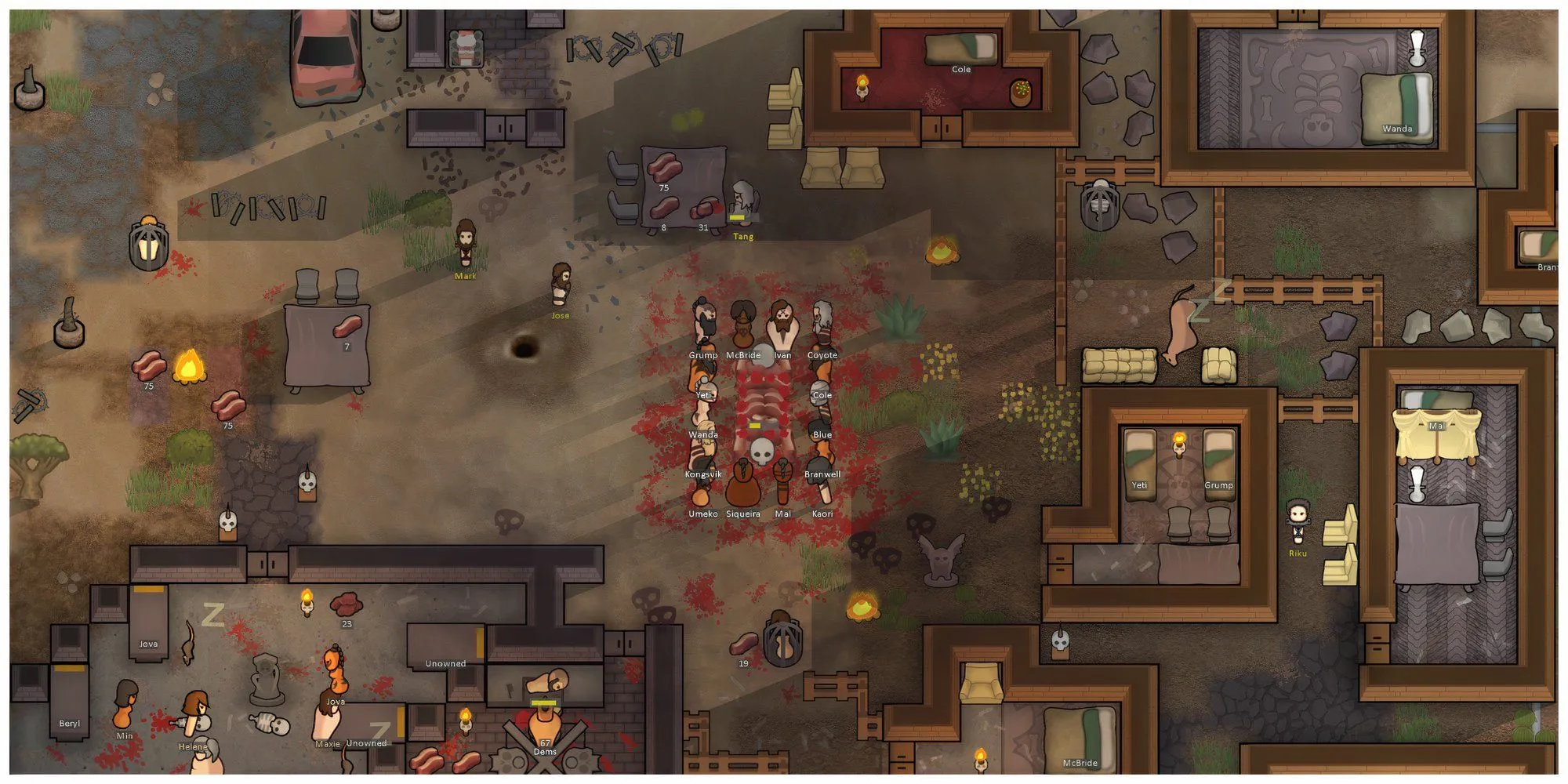 Ảnh chụp màn hình từ trò chơi Rimworld: Ideology, hiển thị một nhóm người theo giáo phái trong một khu định cư.