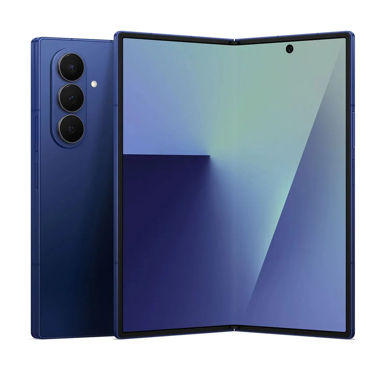 Ảnh render của Galaxy Z Fold 7 màu xanh đặt trên nền trắng, nổi bật vẻ ngoài hiện đại và tinh tế.