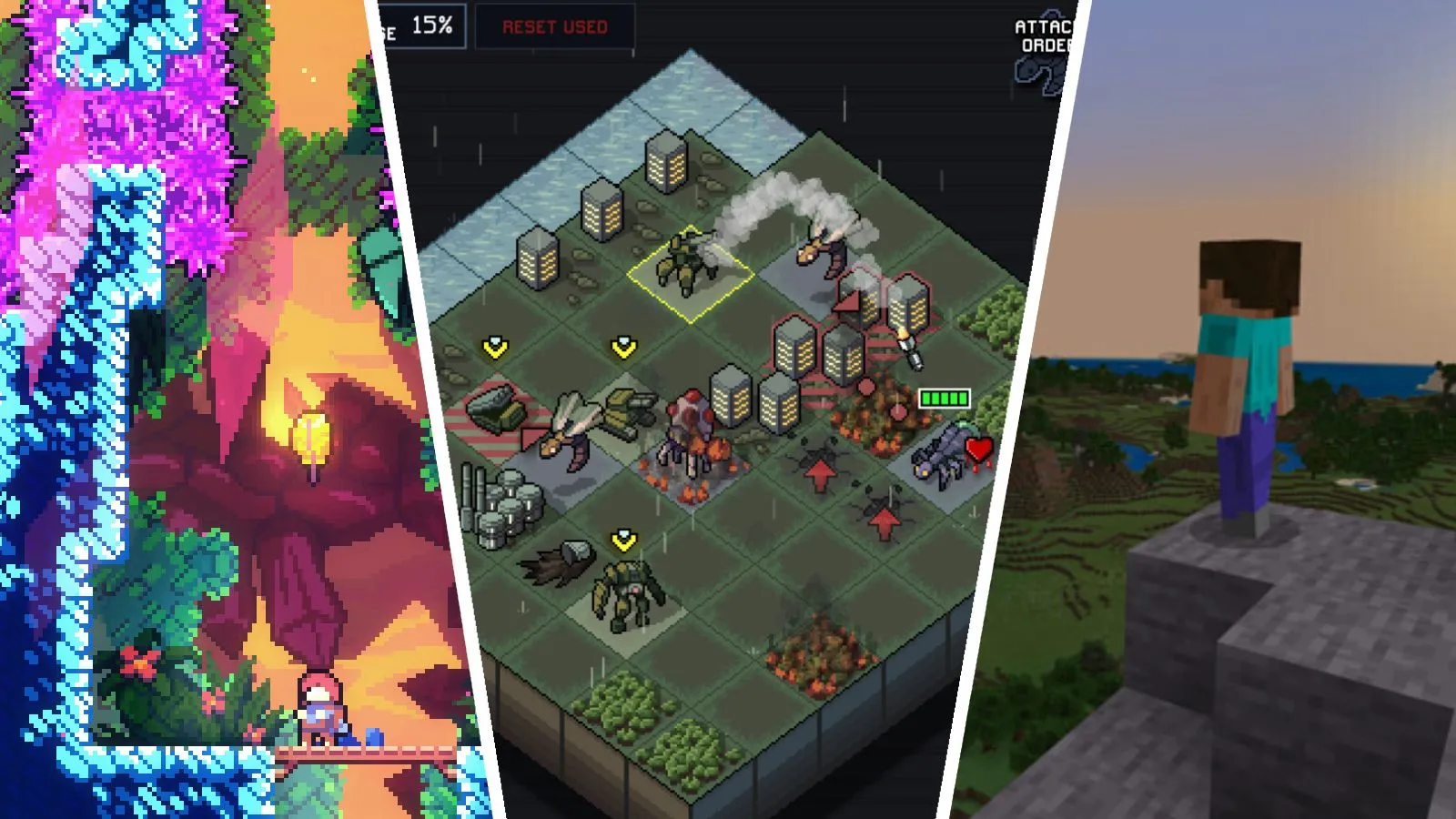 Ảnh tổng hợp các tựa game ngắn gọn nhưng có giá trị chơi lại cao như Celeste, Into the Breach và Minecraft.