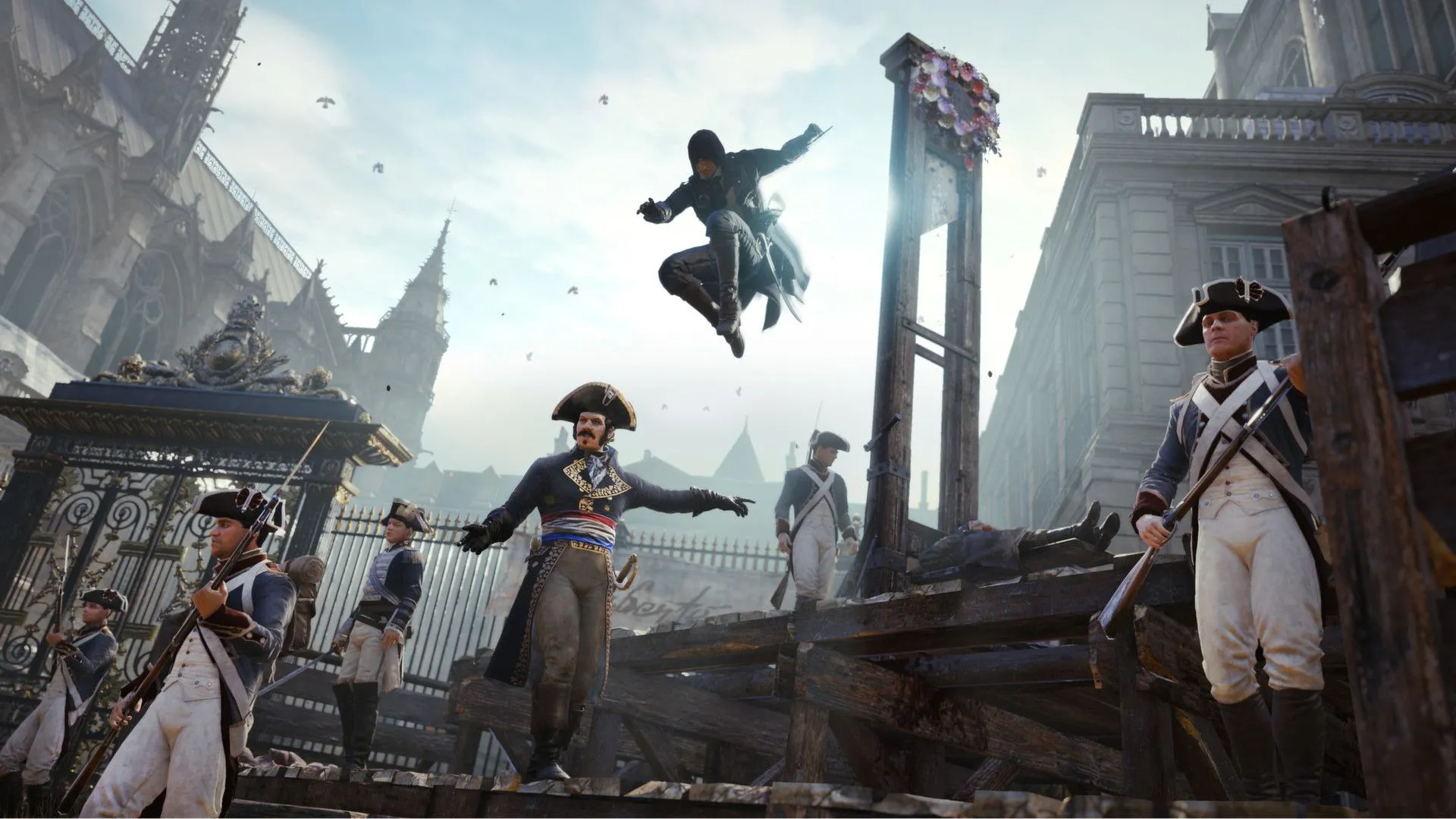 Arno Dorian di chuyển trên mái nhà Paris hoa lệ trong Assassin's Creed Unity, với mật độ dân cư đông đúc.