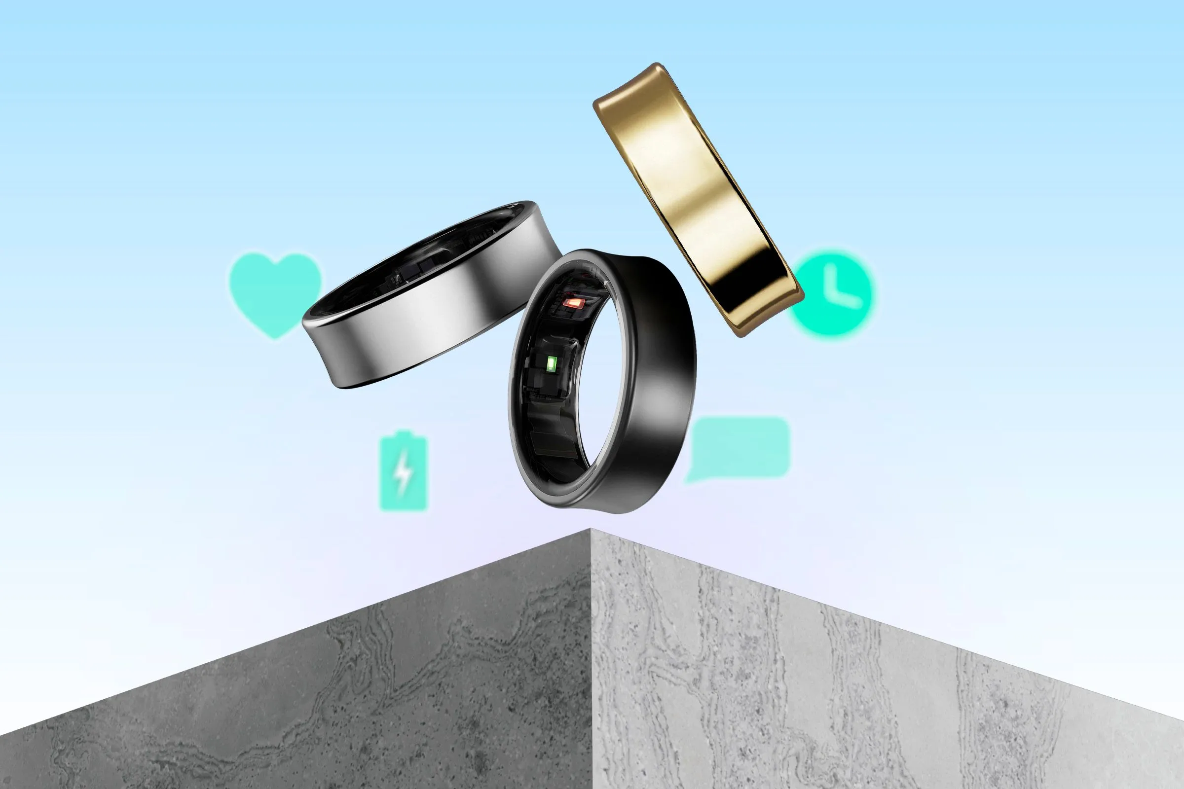 Ba chiếc nhẫn thông minh Galaxy Ring trên bề mặt, biểu tượng cho thế hệ Galaxy Ring 2 sắp ra mắt