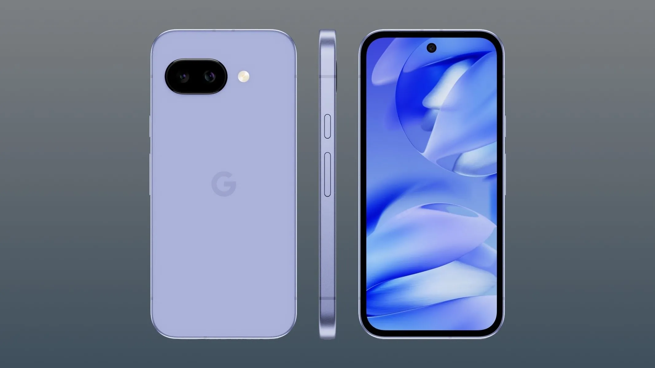 Ba điện thoại Google Pixel 9a hiển thị toàn diện thiết kế mặt trước, mặt sau và cạnh bên với màn hình lớn.