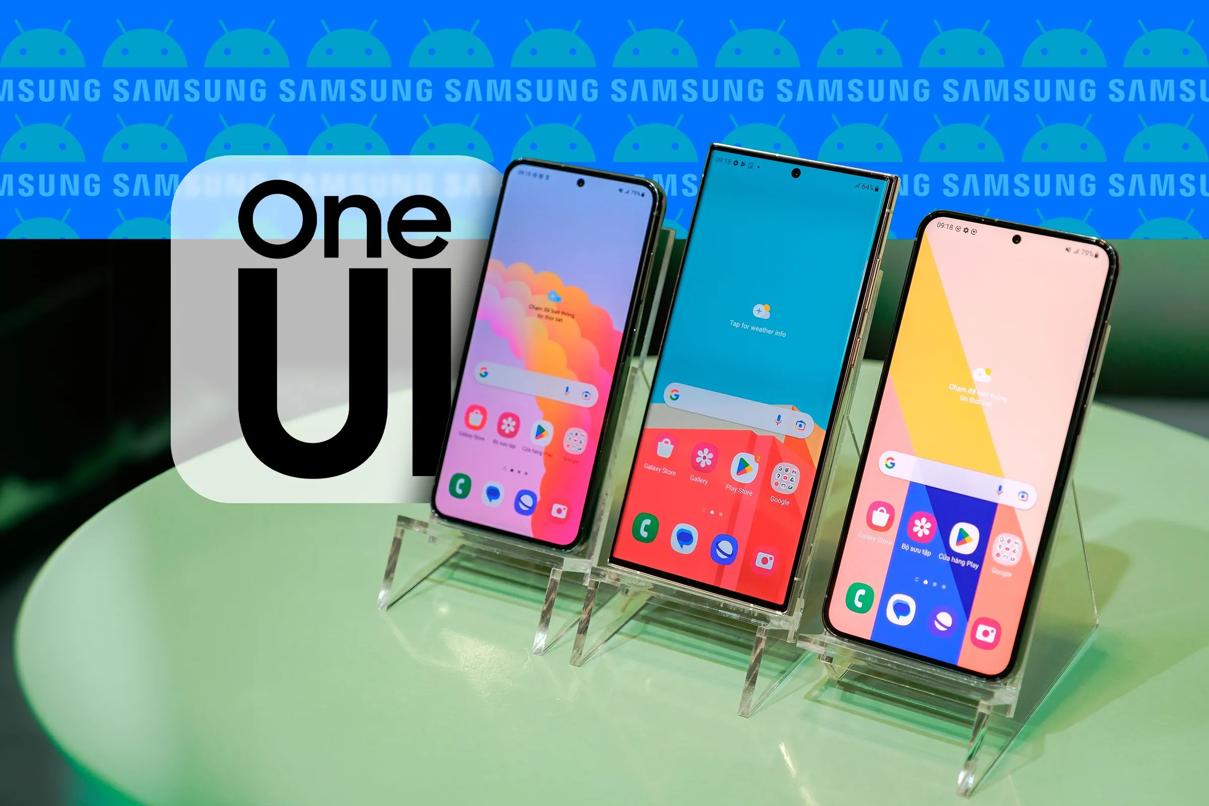 Ba điện thoại Samsung chạy One UI, logo One UI và logo Samsung, Android.