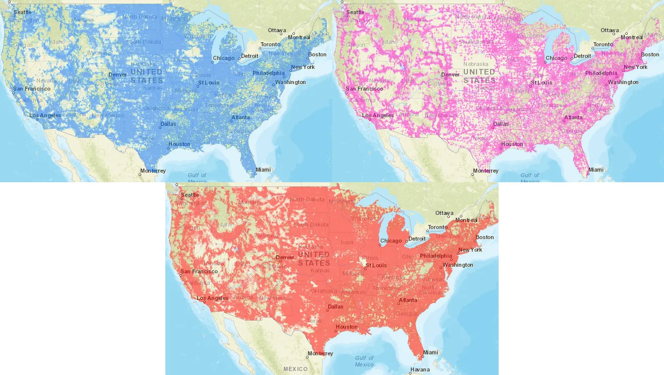 Bản đồ vùng phủ sóng LTE tổng hợp từ FCC, so sánh phạm vi của AT&amp;T, T-Mobile và Verizon.