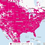 Bản đồ vùng phủ sóng mạng 5G của T-Mobile tại Hoa Kỳ, minh họa phạm vi và cường độ tín hiệu.