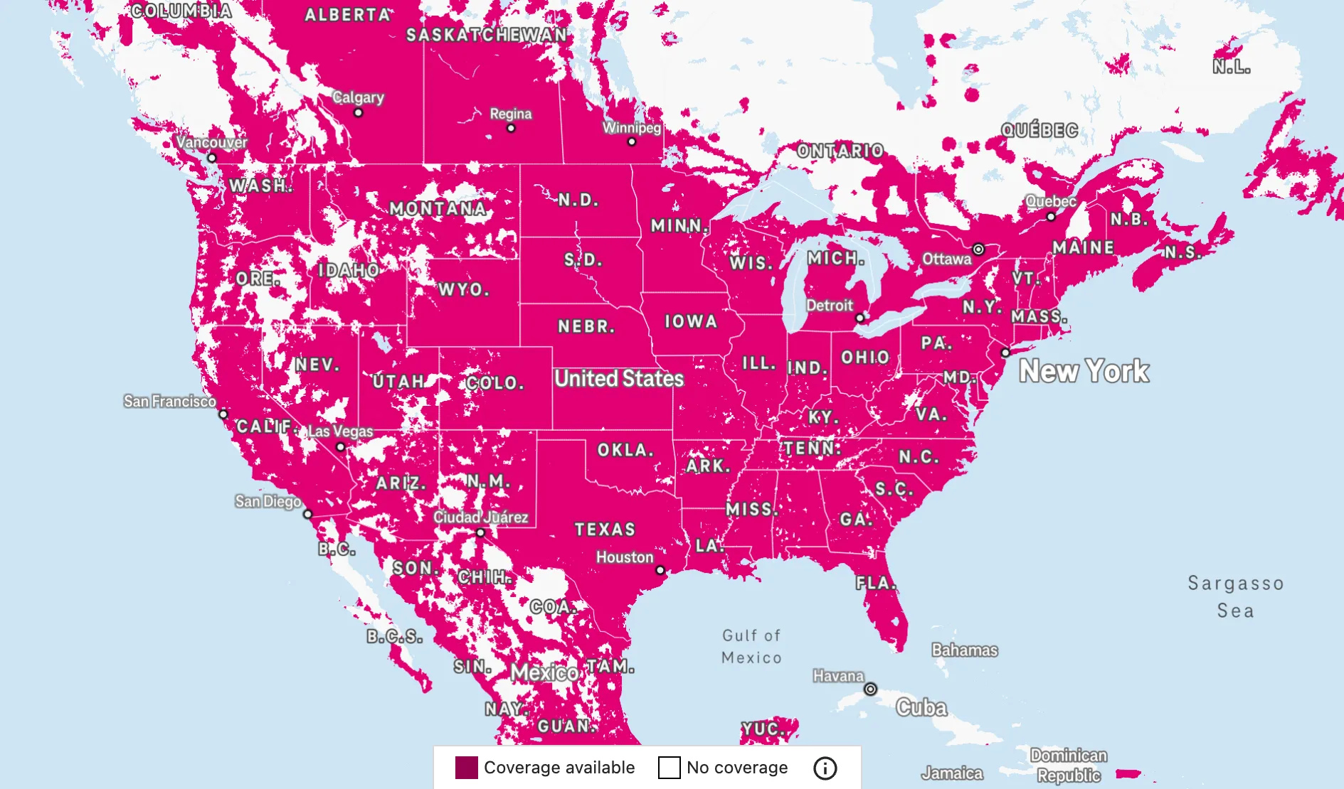 Bản đồ vùng phủ sóng mạng 5G của T-Mobile tại Hoa Kỳ, minh họa phạm vi và cường độ tín hiệu.