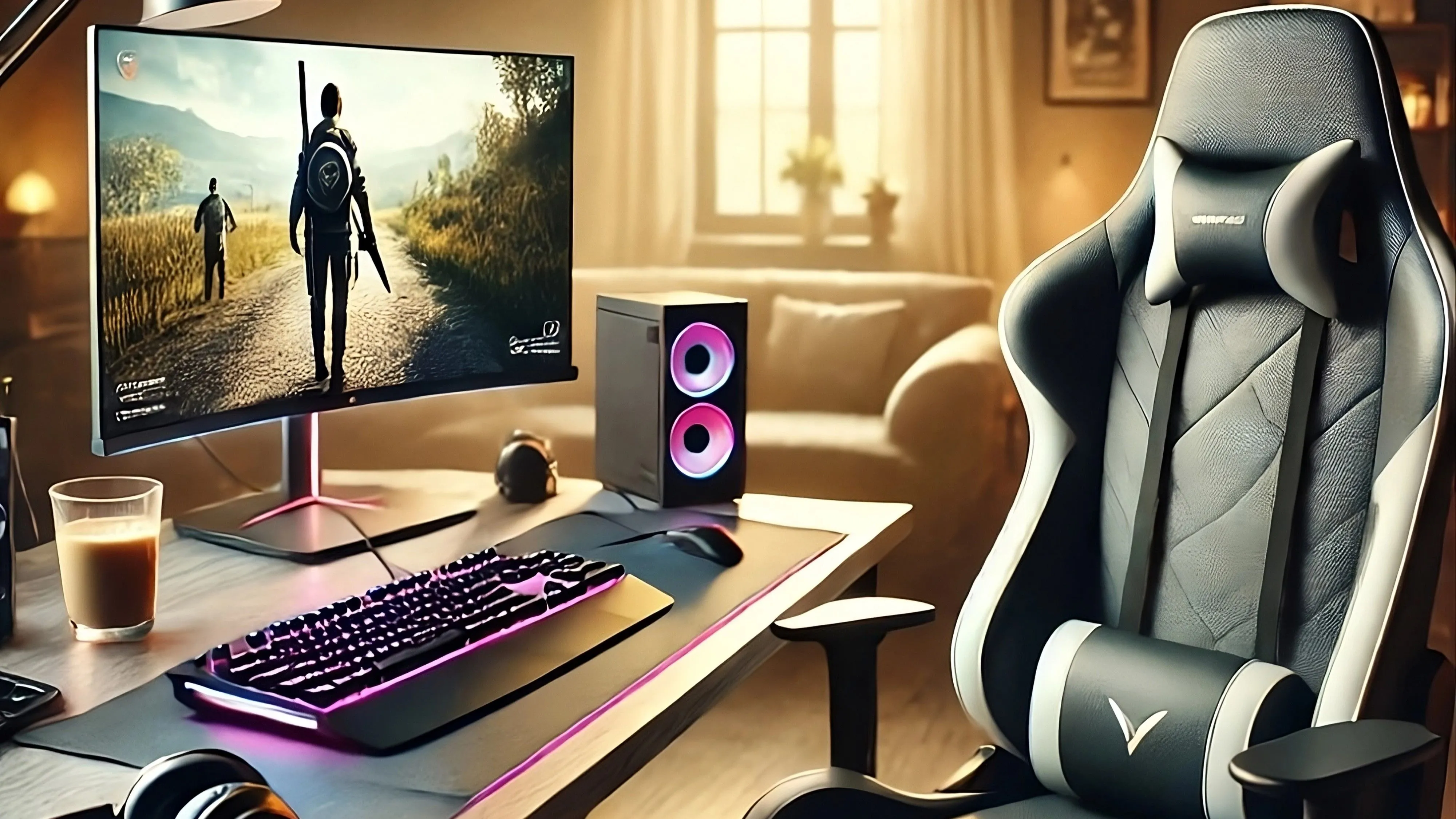 Bàn làm việc với máy tính chơi game và cốc cà phê, khung cảnh dễ chịu, minh chứng việc tự build PC giờ đây trở nên dễ dàng hơn.