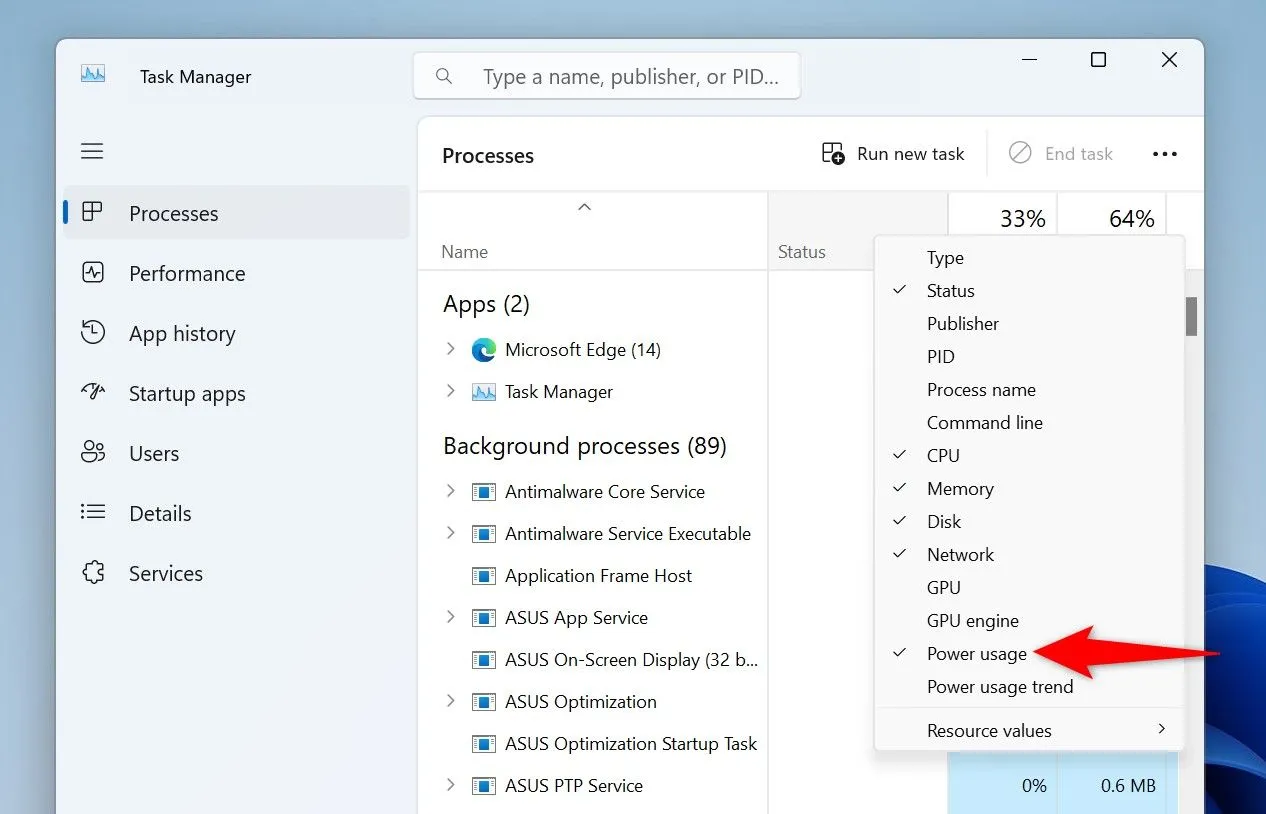 Bật cột Power Usage trong Task Manager để xem mức tiêu thụ điện năng