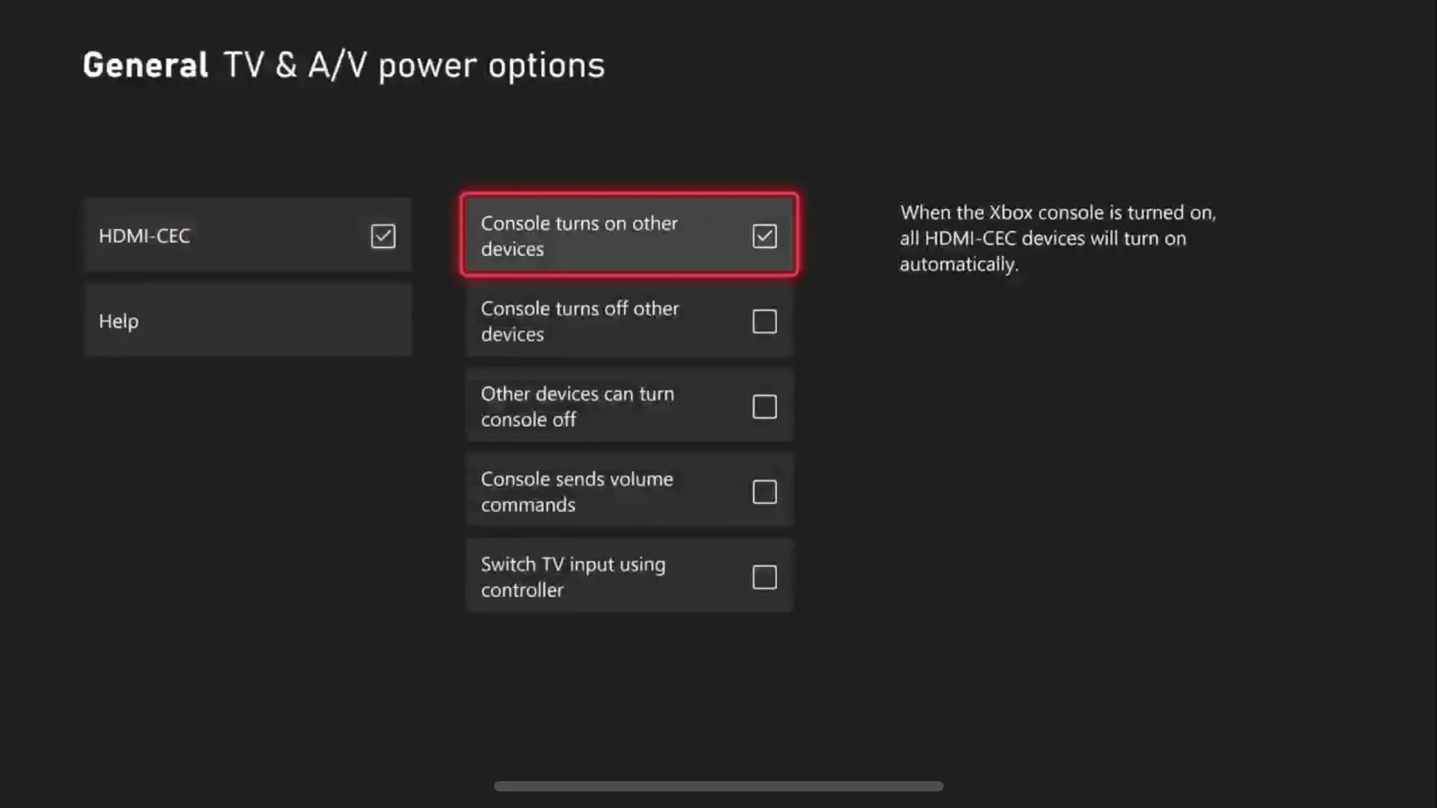 Bật HDMI-CEC trong cài đặt Xbox để điều khiển TV hoặc màn hình.