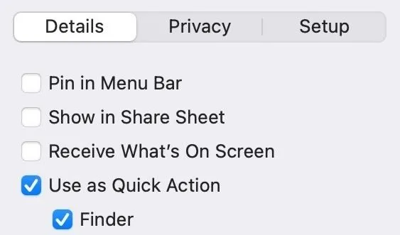 Bật tùy chọn &quot;Sử dụng làm Thao tác nhanh&quot; cho phím tắt trong ứng dụng Shortcuts của macOS.