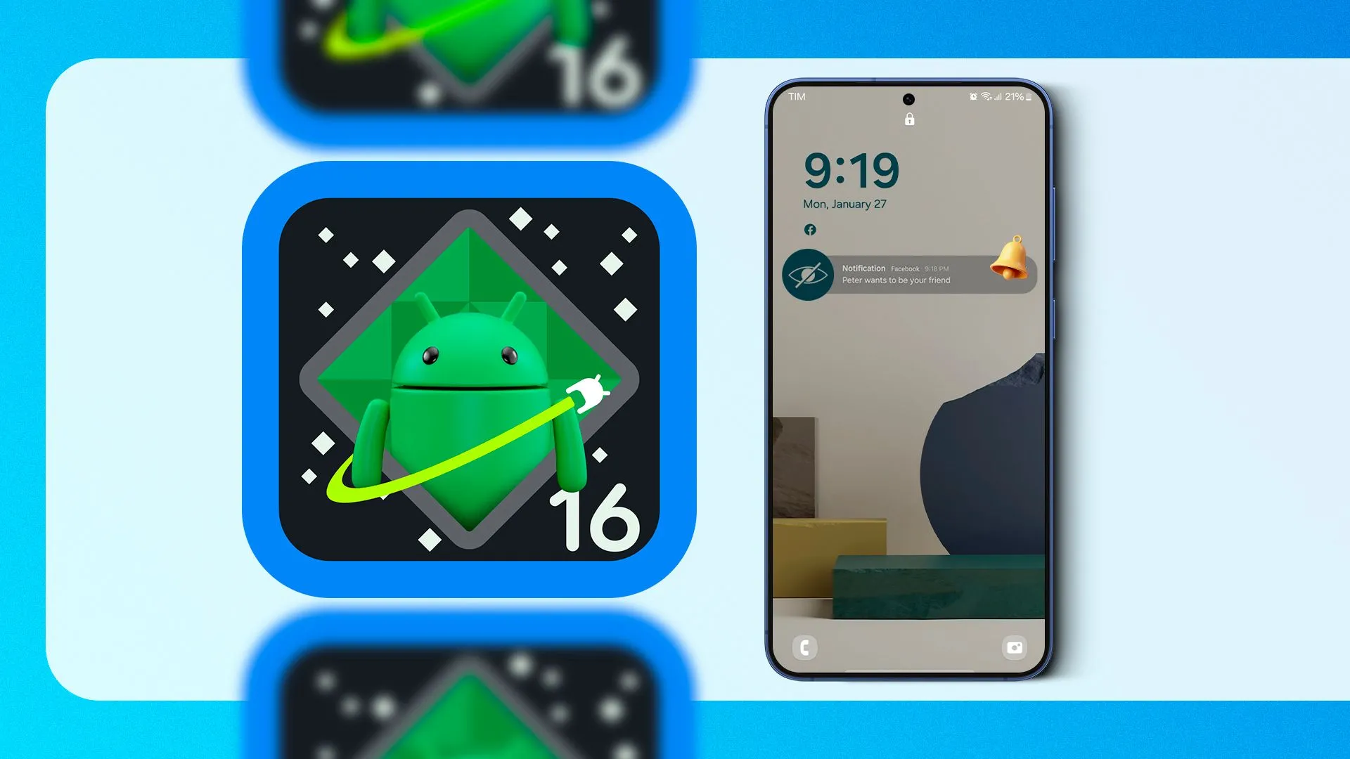 Bên trái là logo Android 16 với linh vật của nó, bên phải là một chiếc smartphone