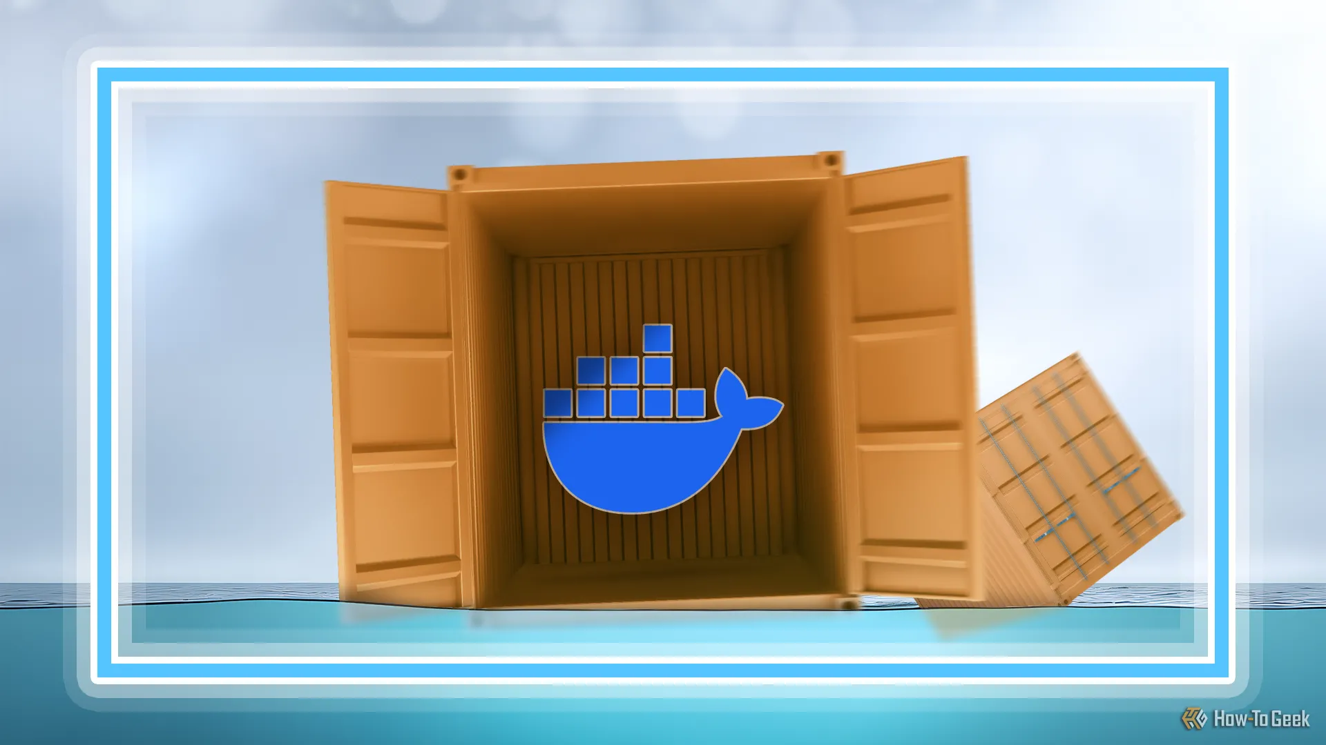 Biểu tượng container Docker nổi trên mặt biển, minh họa khả năng triển khai ứng dụng độc lập.