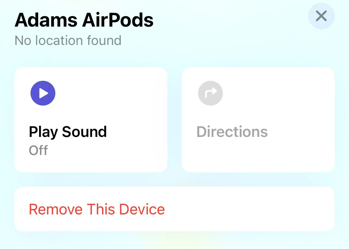 Biểu tượng Phát Âm Thanh cho AirPods trong ứng dụng Tìm (Find My) trên iPhone, tính năng hữu ích để tìm tai nghe AirPods bị thất lạc.