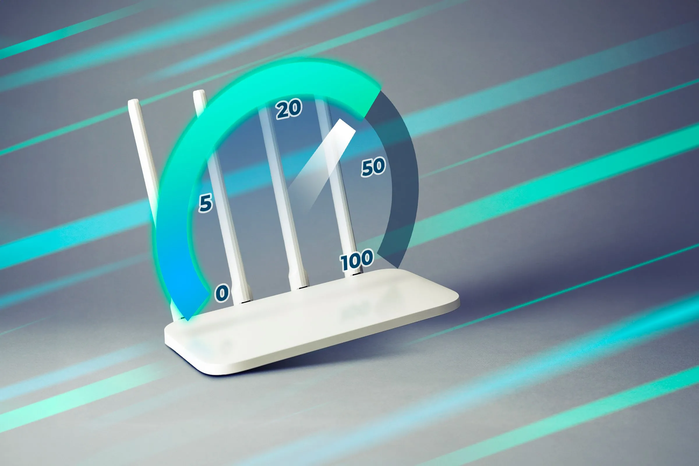 Bộ định tuyến WiFi kèm đồng hồ hiển thị tốc độ Internet và luồng dữ liệu biểu tượng