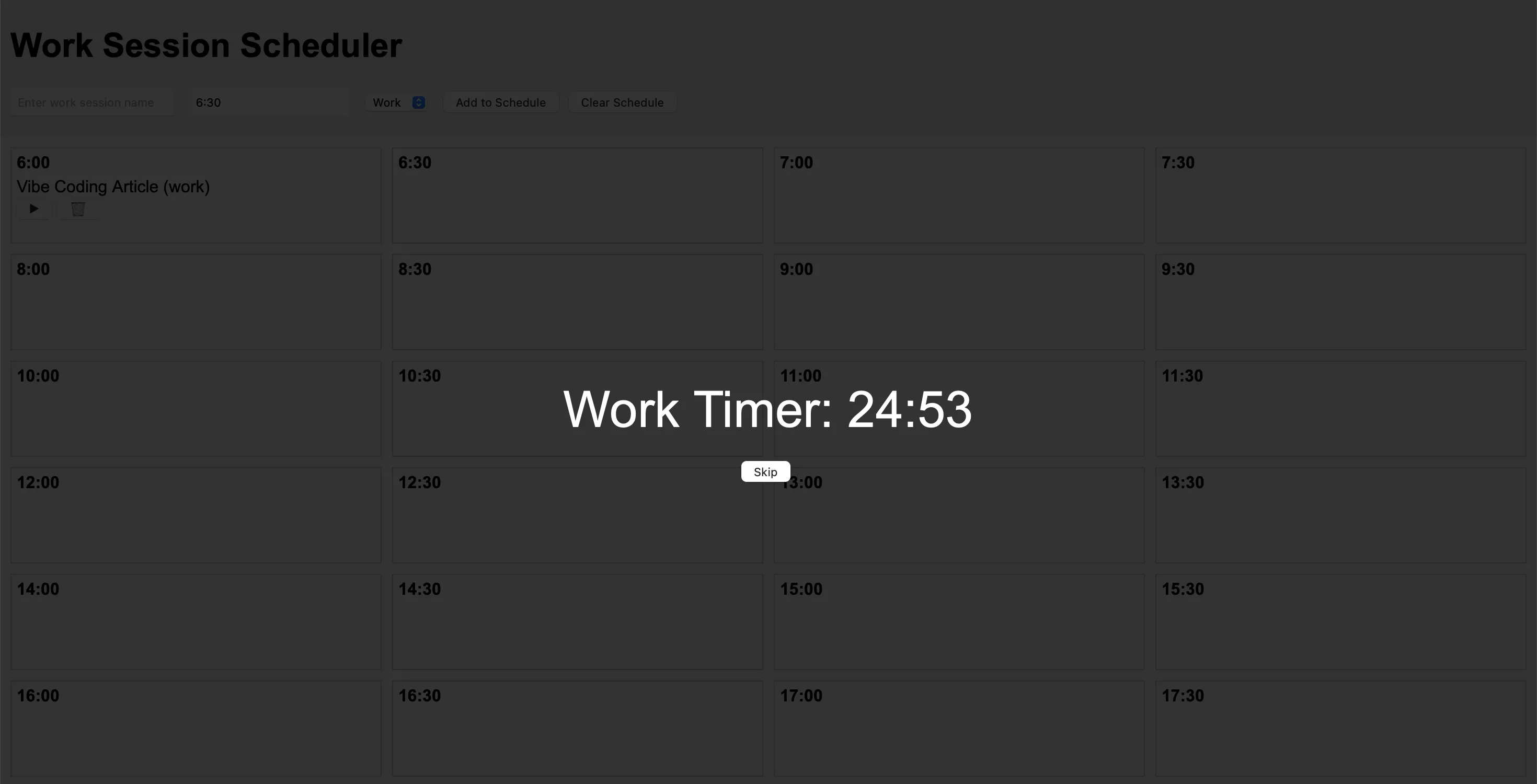 Bộ hẹn giờ Pomodoro 25 phút đang chạy ở chế độ toàn màn hình trong trình duyệt, là một phần của ứng dụng Vibe Coding.
