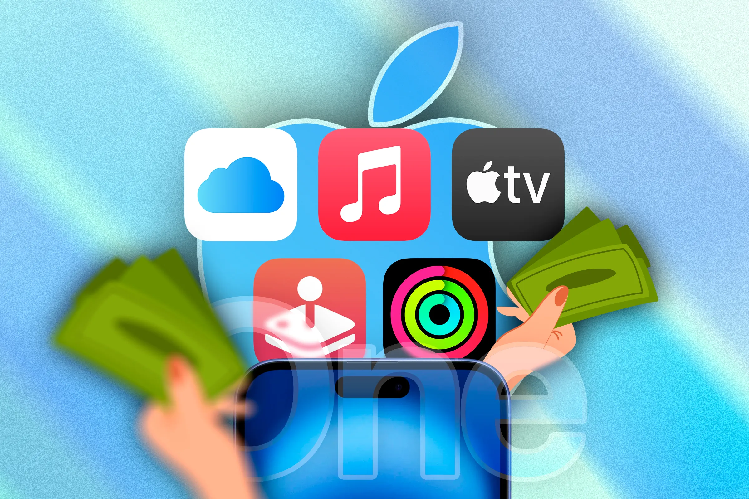 Các biểu tượng ứng dụng Apple One và hình ảnh bàn tay cầm tiền minh họa lợi ích tiết kiệm chi phí