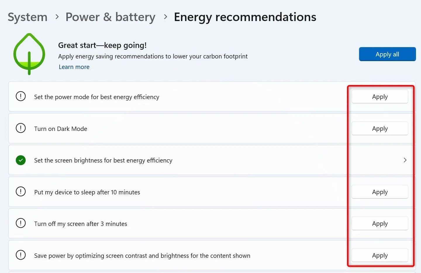Các khuyến nghị tiết kiệm năng lượng trong cài đặt Power &amp; Battery của Windows 11