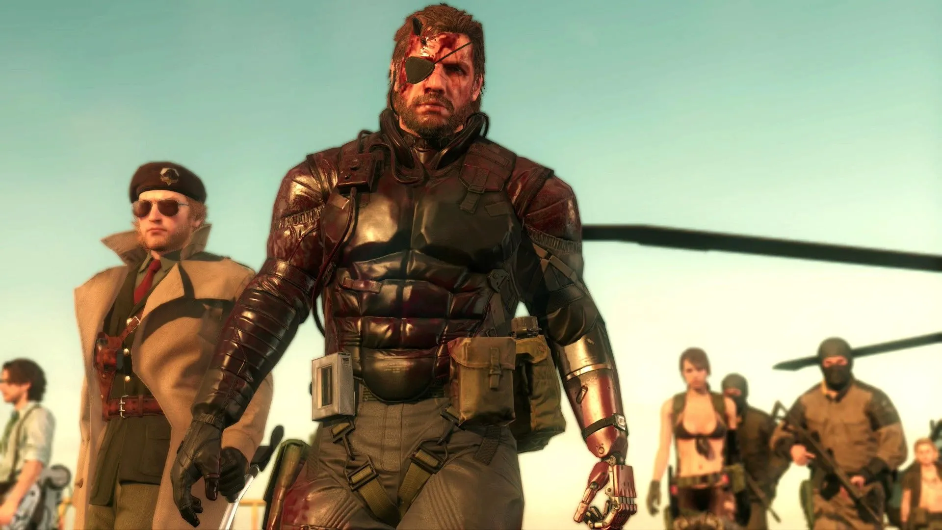 Các nhân vật chính của Metal Gear Solid V: The Phantom Pain bao gồm Venom Snake và Quiet, tại căn cứ Diamond Dogs.