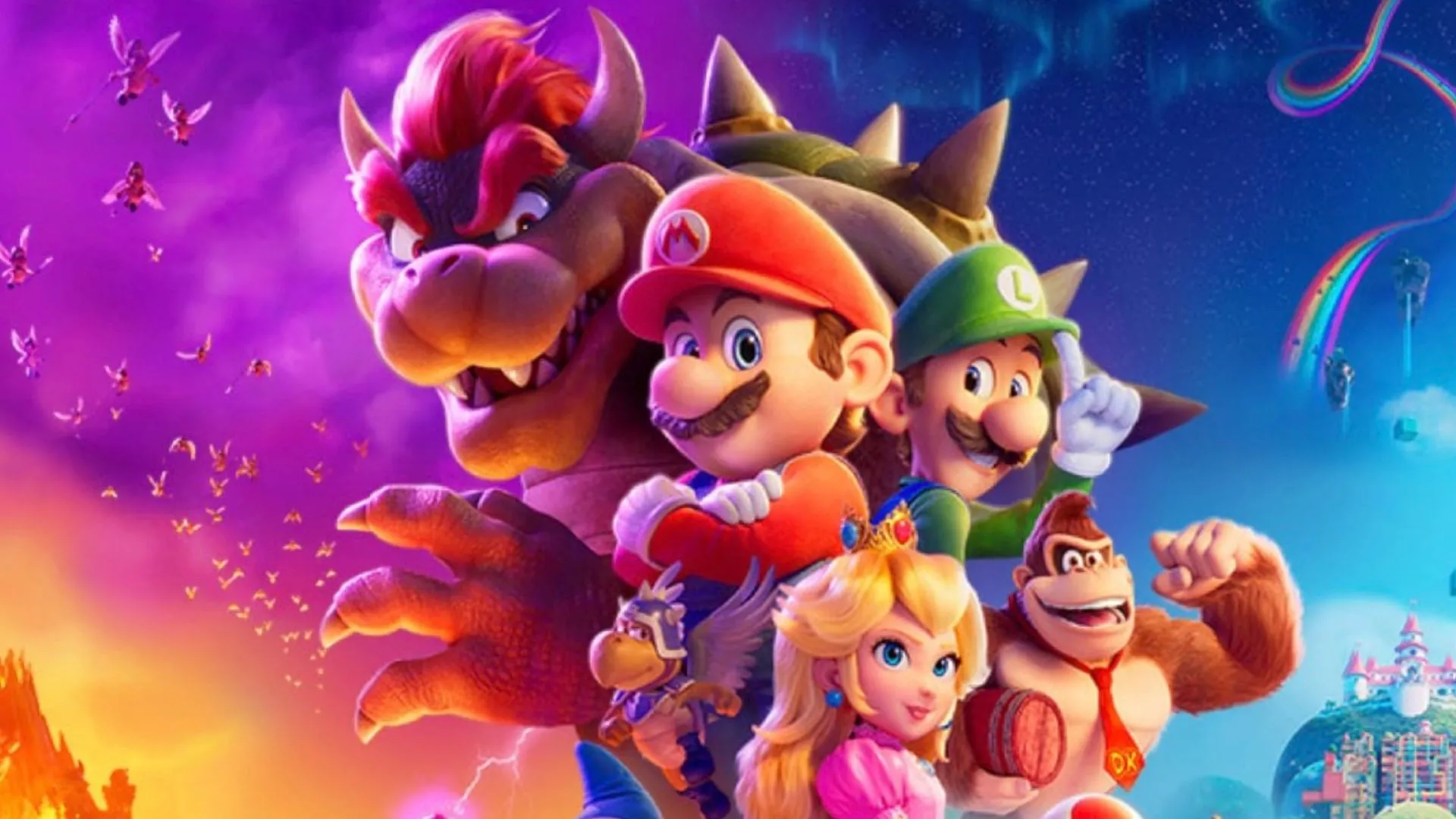 Các nhân vật chính từ bộ phim Super Mario Bros. Movie, bao gồm Mario, Luigi, Công chúa Peach và Toad, minh chứng cho sự phổ biến bền vững của các biểu tượng Nintendo.