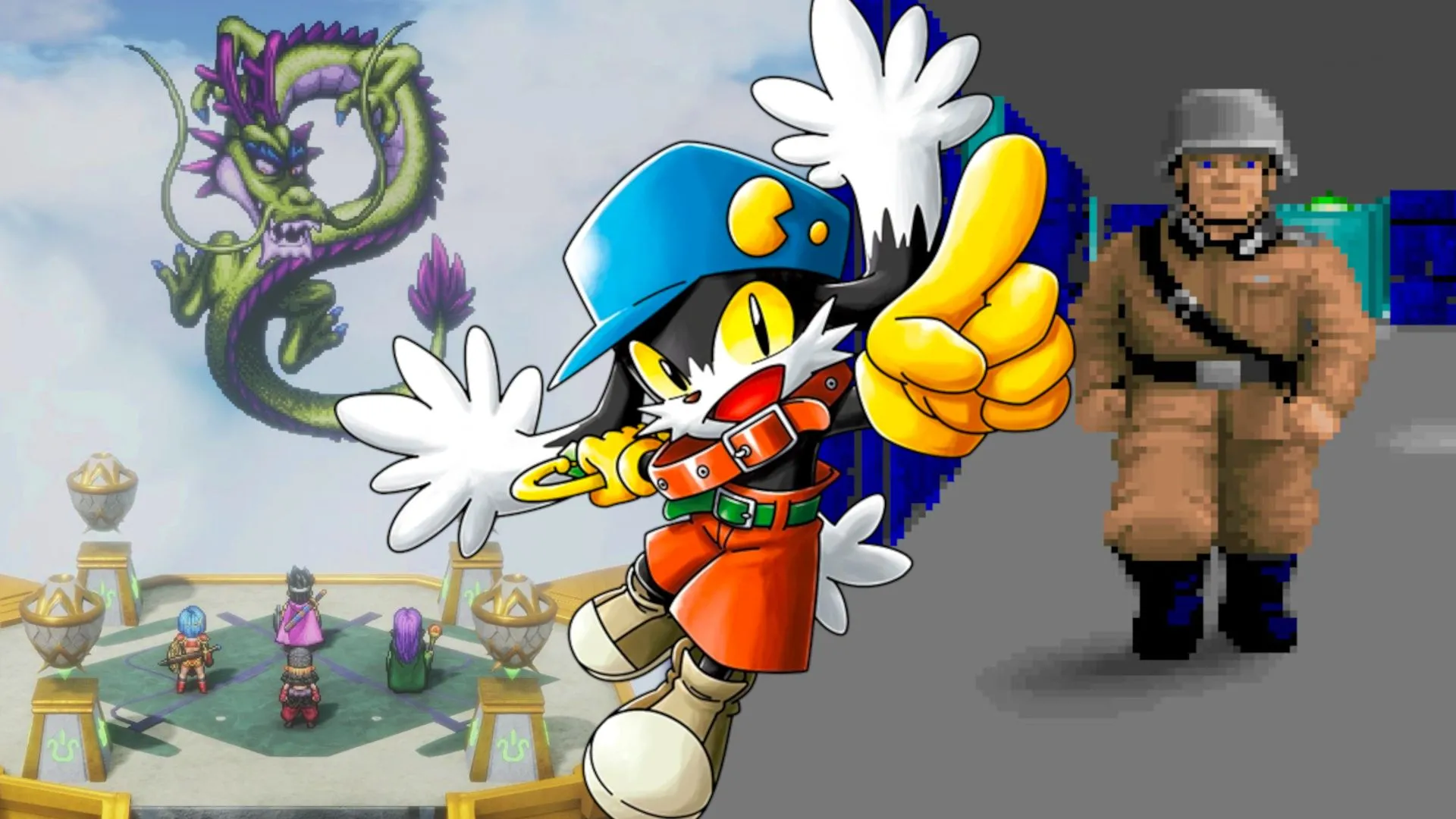 Các nhân vật game 2.5D từ Klonoa, Wolfenstein 3D, và Dragon Quest III, minh họa sự pha trộn giữa 2D và 3D.