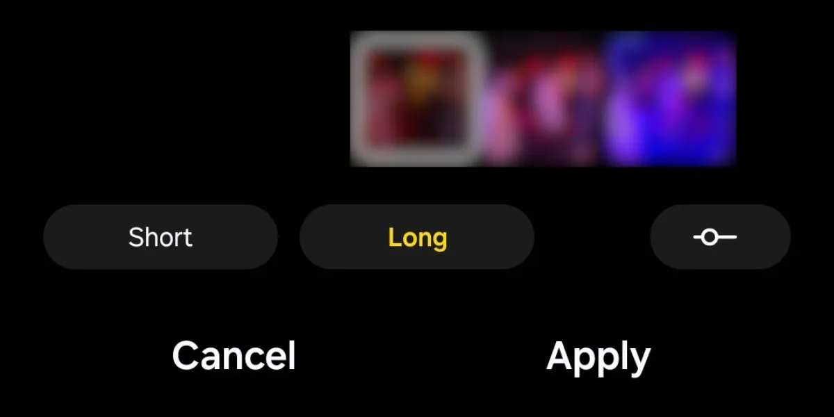 Các tùy chọn thời lượng video (Ngắn, Dài, Tùy chỉnh) trong studio ảnh của Galaxy S25