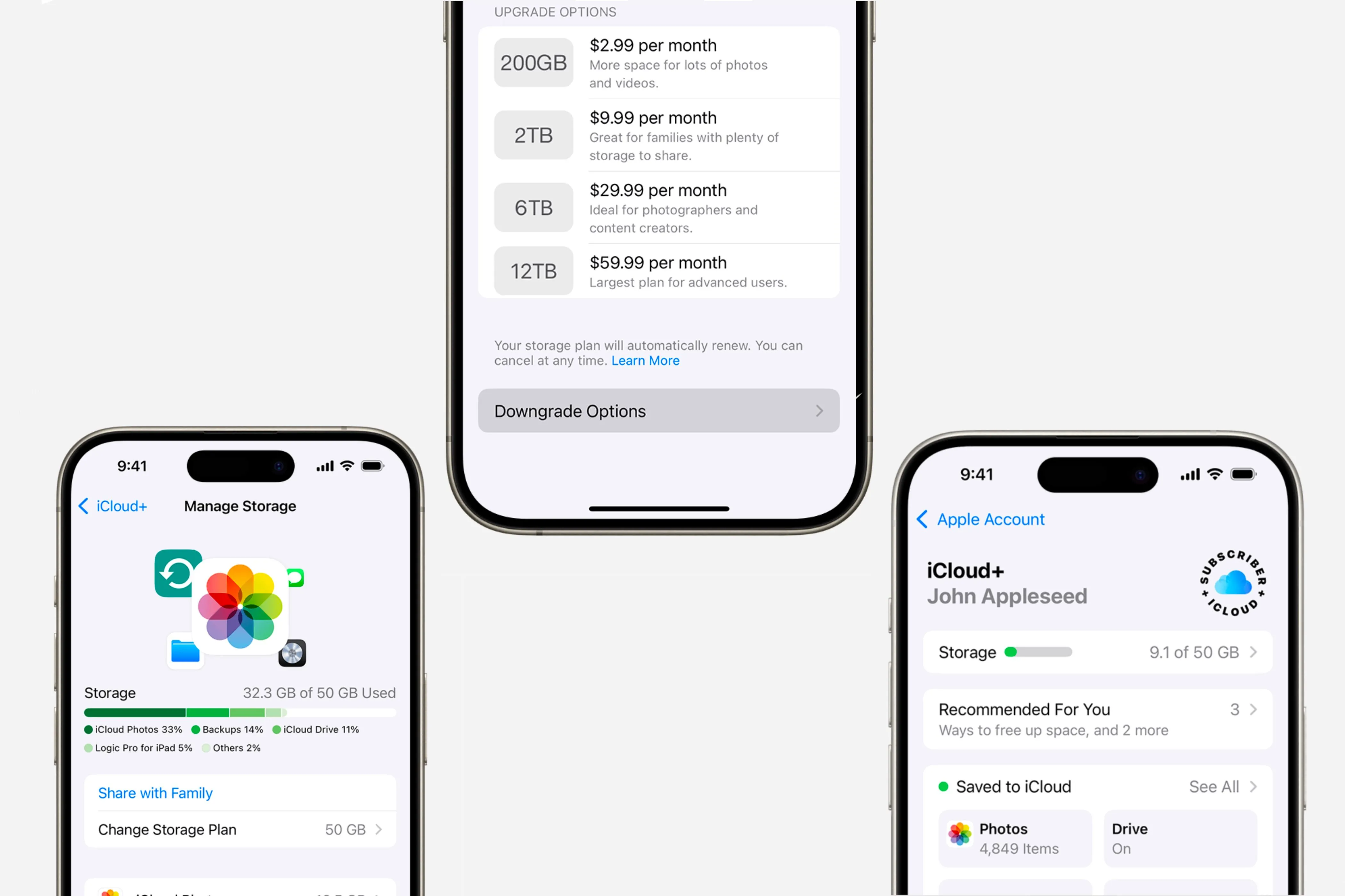 Cài đặt dung lượng lưu trữ iCloud hiển thị trên ba chiếc iPhone.