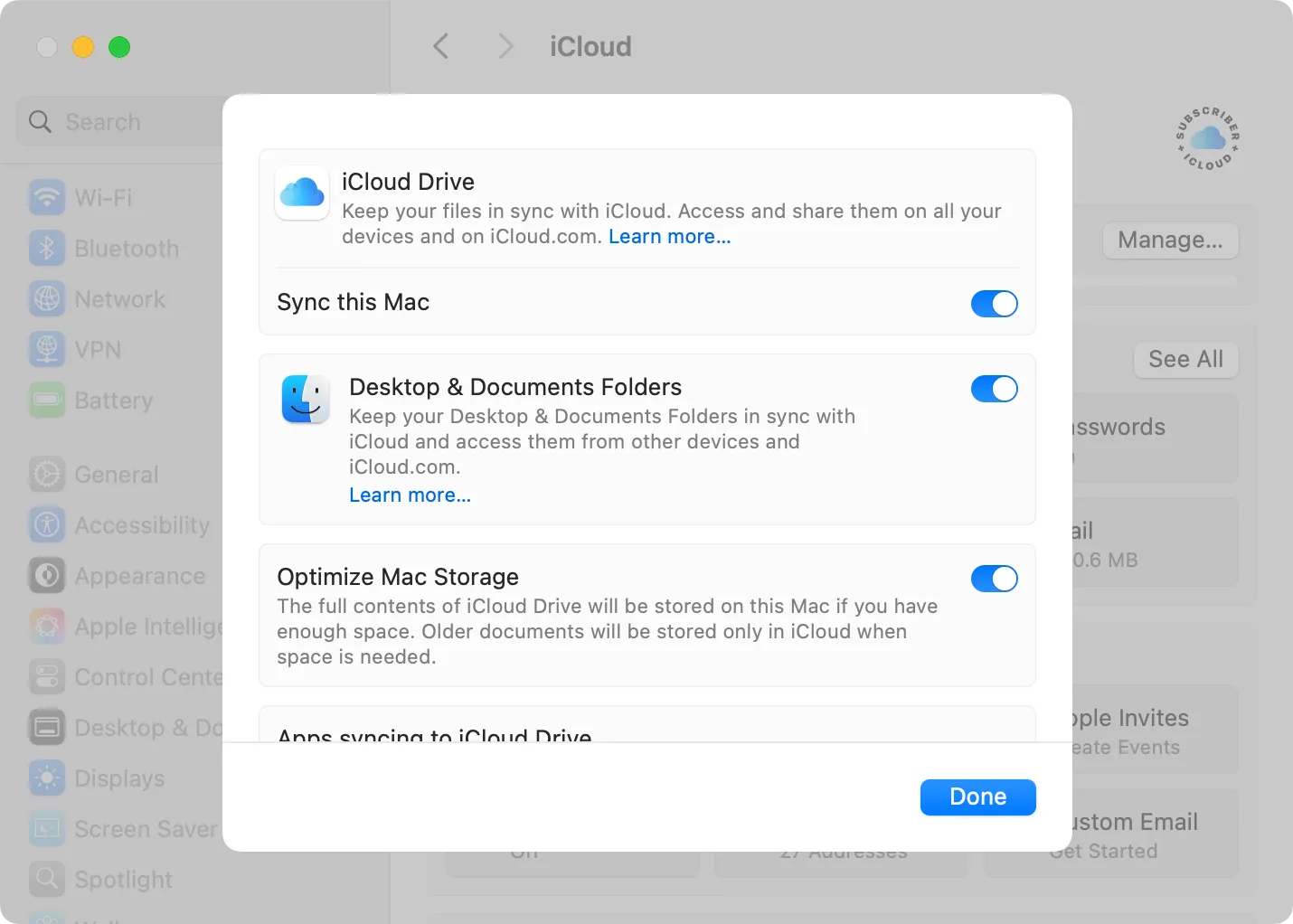 Cài đặt iCloud Drive trong macOS 15, cho phép tối ưu hóa bộ nhớ Mac.