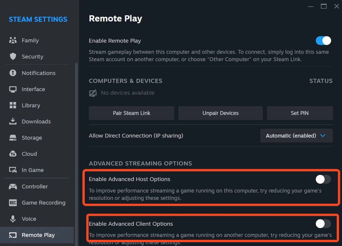 Cài đặt nâng cao của Steam Remote Play cho phép điều chỉnh chất lượng luồng và băng thông
