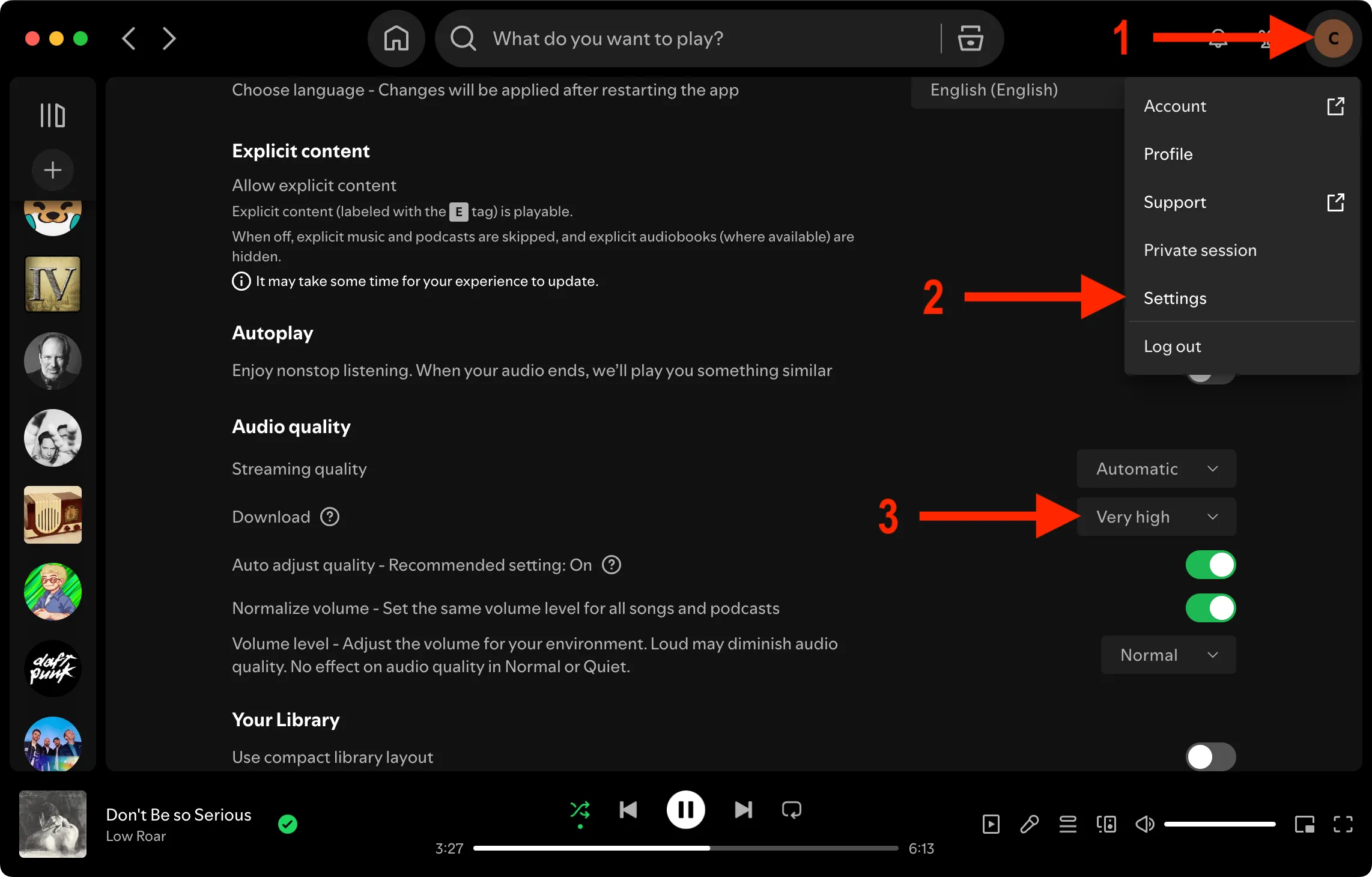 Cài đặt thay đổi chất lượng tải xuống nhạc trong ứng dụng Spotify, giúp tối ưu dung lượng và trải nghiệm nghe nhạc offline.