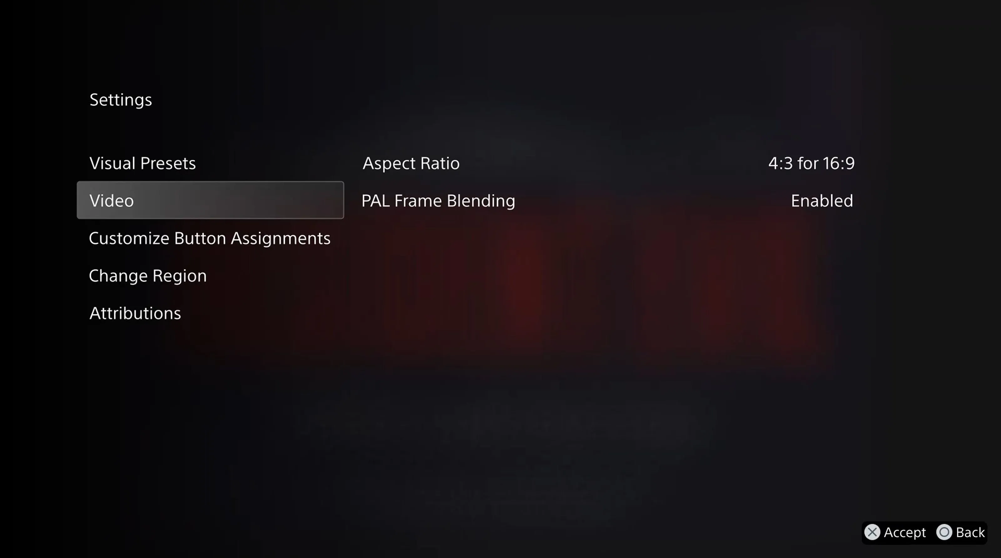 Cài đặt video trong menu giả lập PlayStation Classics hiển thị tùy chọn &quot;PAL Frame Blending&quot;.