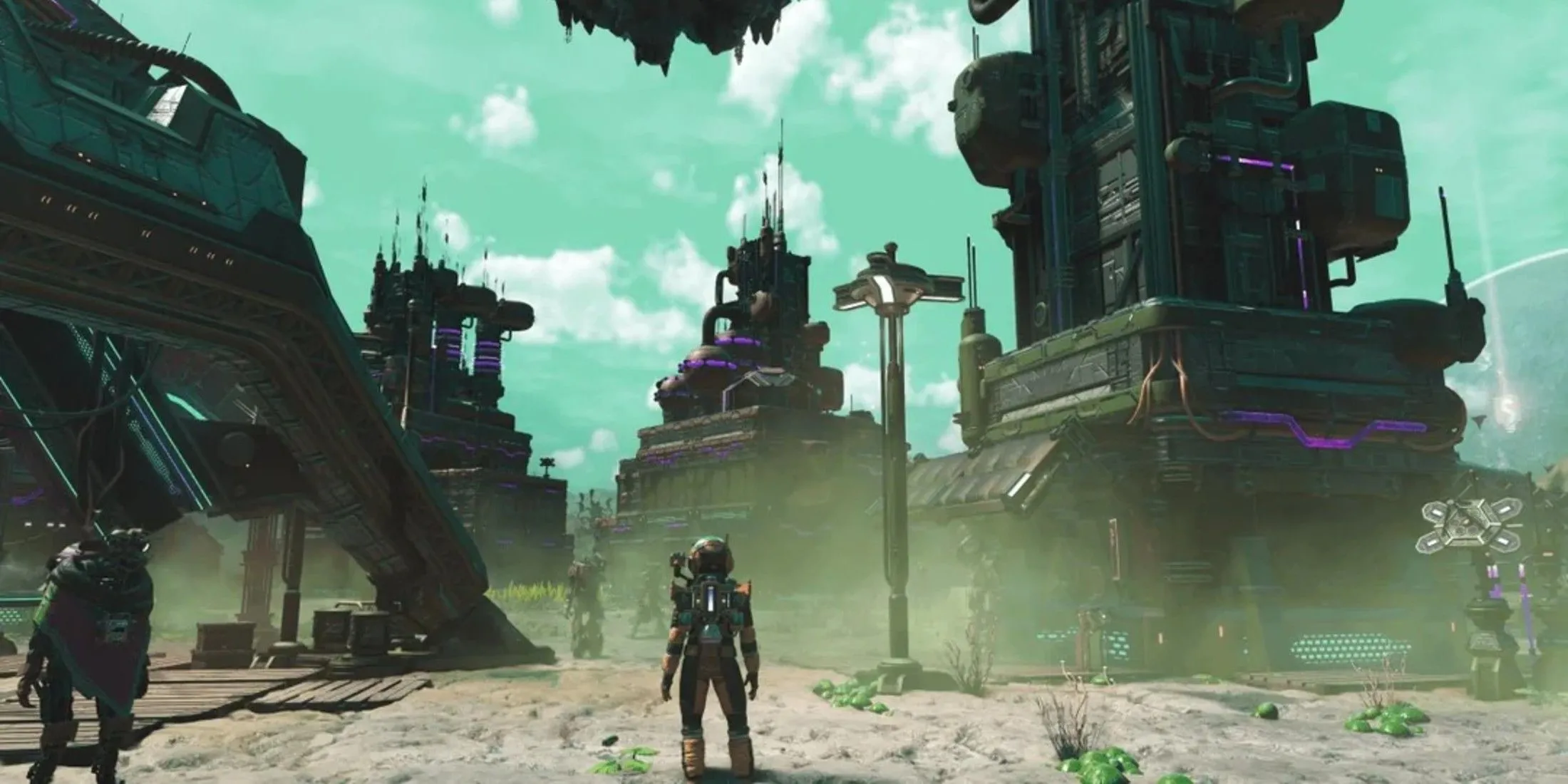 Căn cứ No Man's Sky với các công trình hình cầu và mái vòm trên nền cảnh quan ngoài hành tinh
