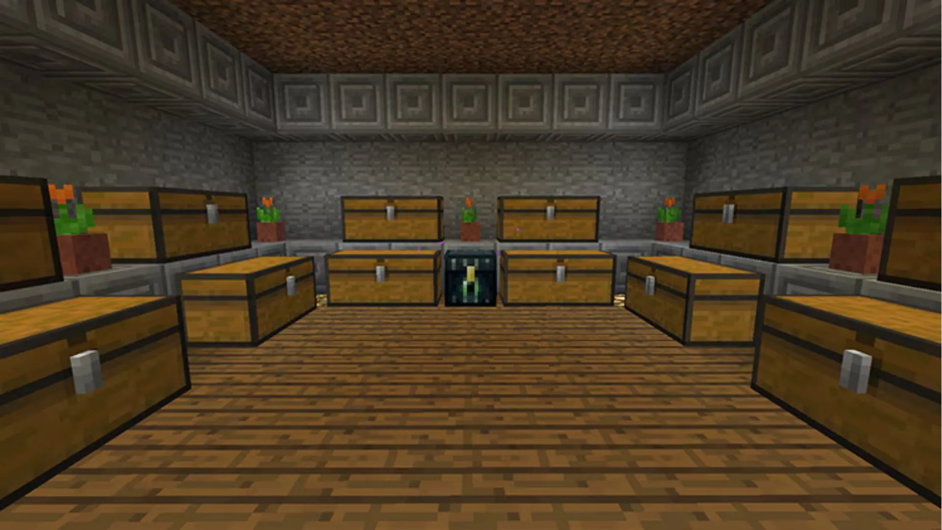 Căn phòng chứa đầy rương đồ trong game Minecraft, tượng trưng cho tài nguyên và thế giới cần được bảo vệ trên server thông qua tính năng danh sách trắng.