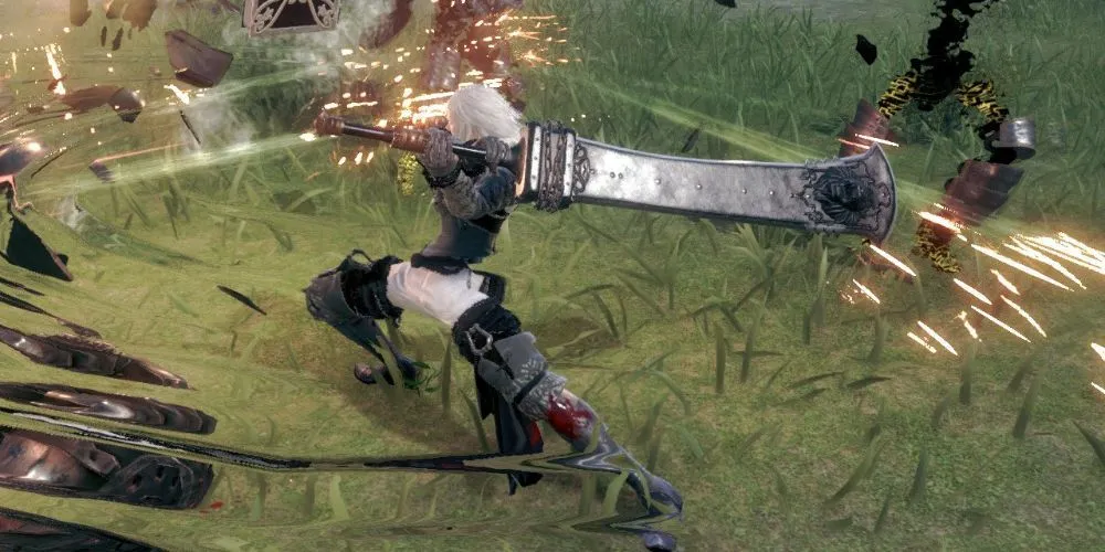 Cảnh chiến đấu hoành tráng với quái vật Beastlord trong Nier Replicant, thể hiện lối chơi độc đáo.