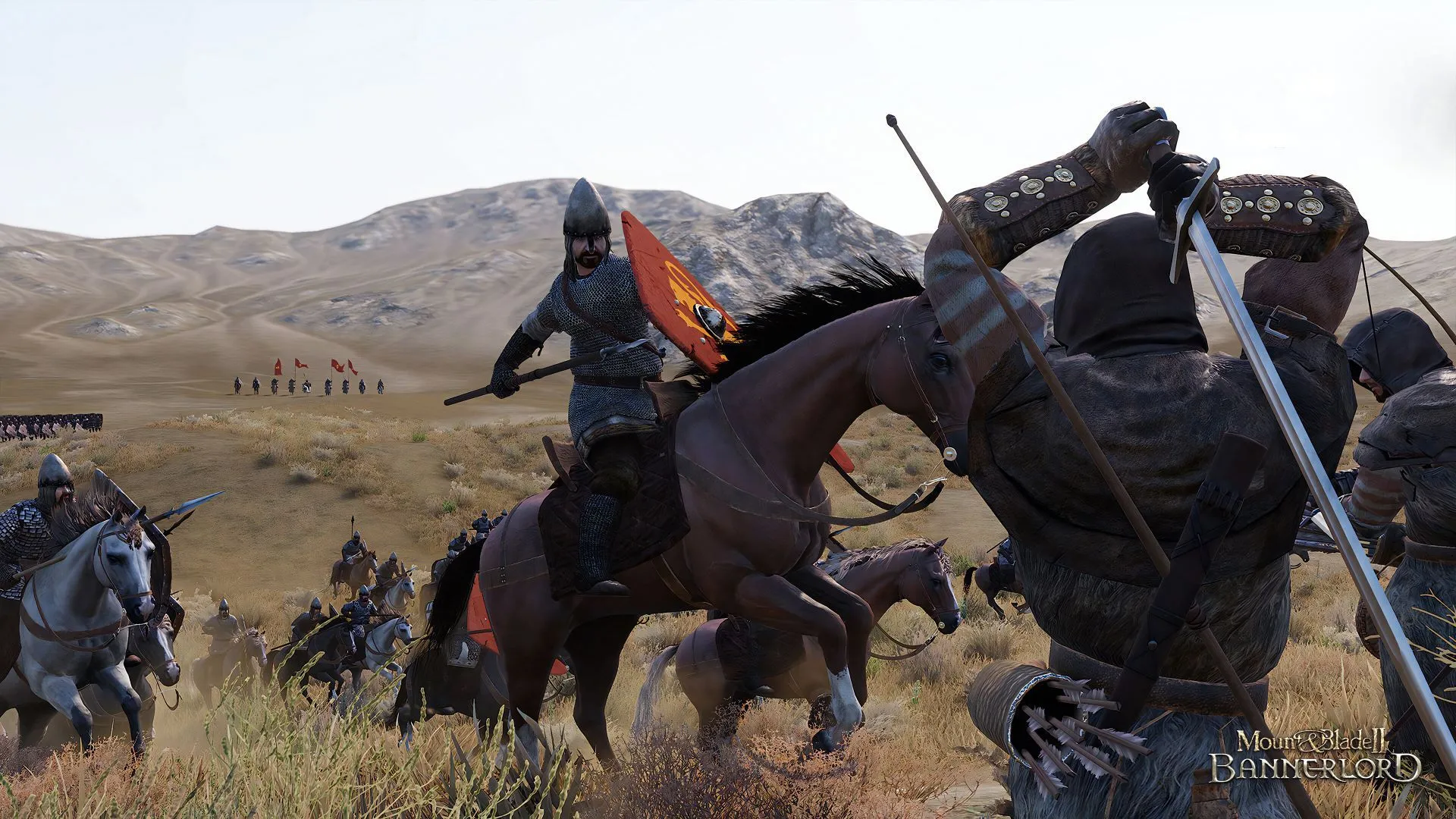 Cảnh chiến đấu trên ngựa trong Mount and Blade II: Bannerlord, một kỵ binh đang đối đầu với bộ binh.