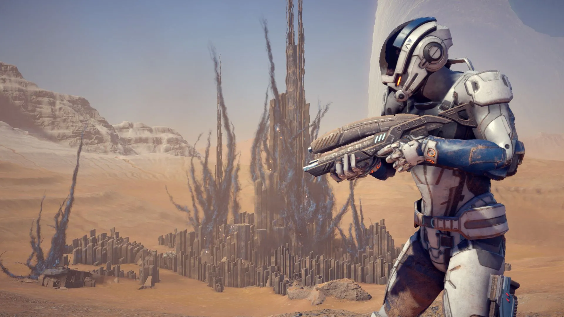 Cảnh chiến đấu trong không gian của Mass Effect: Andromeda, thể hiện quy mô vũ trụ.