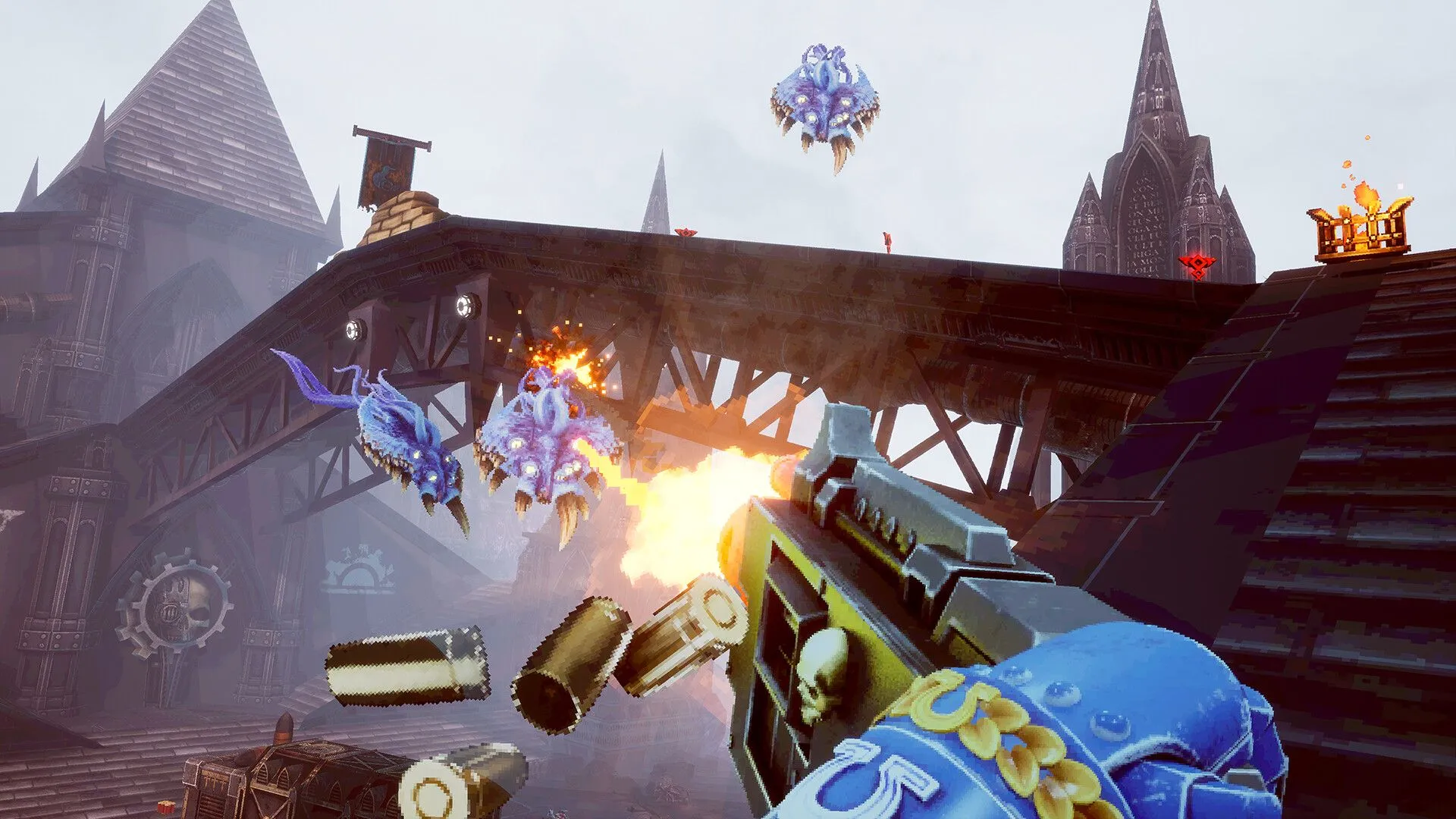 Cảnh chiến đấu trong Warhammer 40K Boltgun với đồ họa pixel retro và hiệu ứng brutal