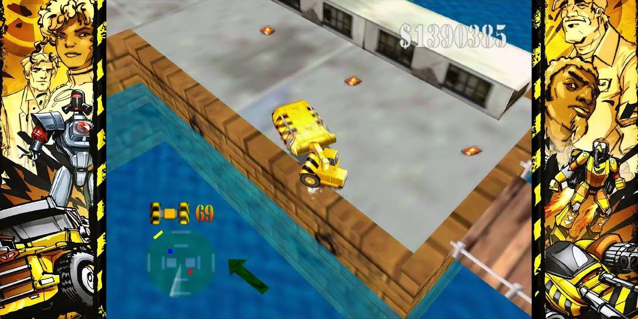 Cảnh chơi game Blast Corps với xe ủi đang phá hủy công trình