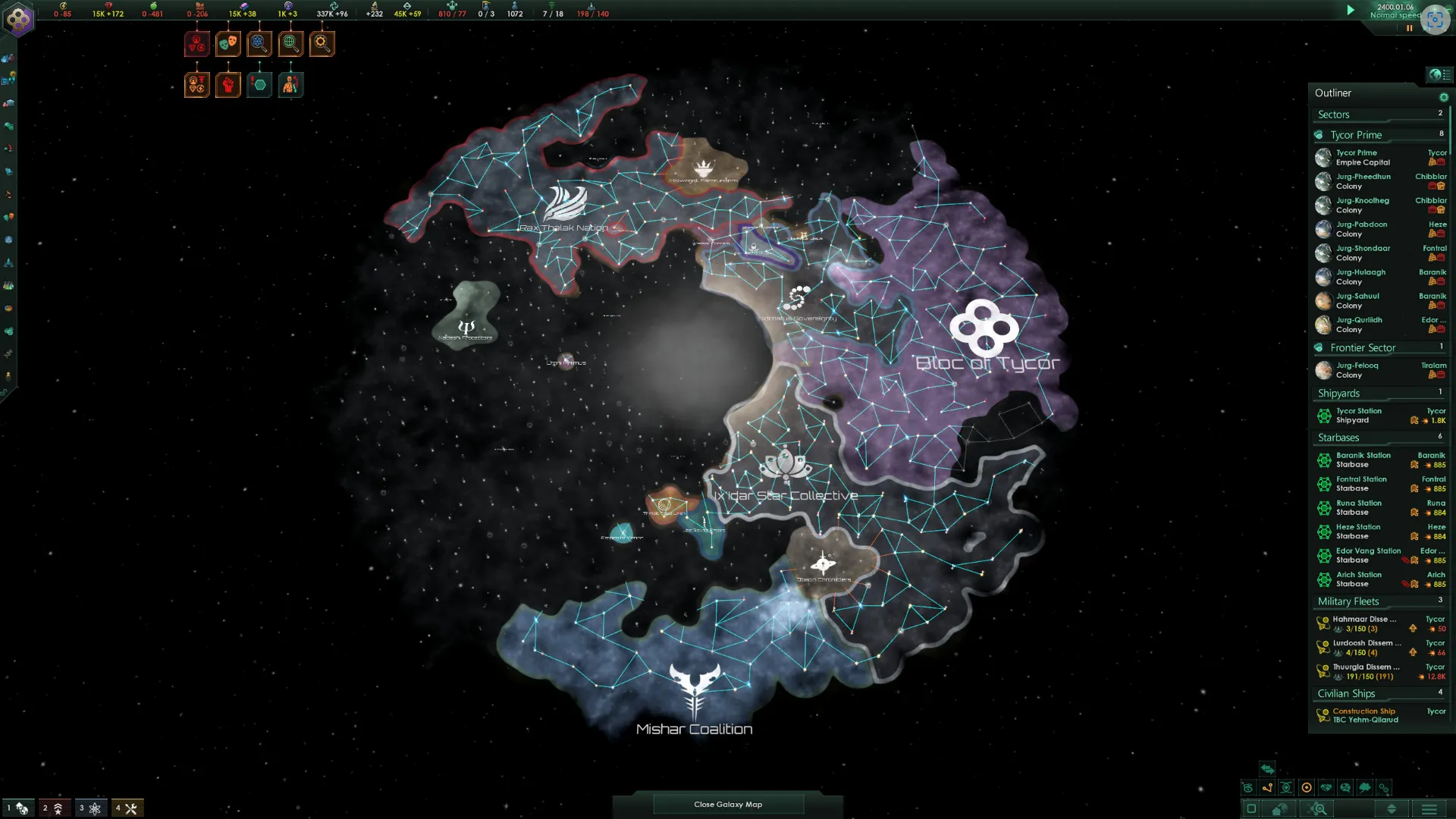 Cảnh chơi game từ Stellaris: Console Edition, hiển thị bản đồ thiên hà và các tùy chọn giao diện người dùng.