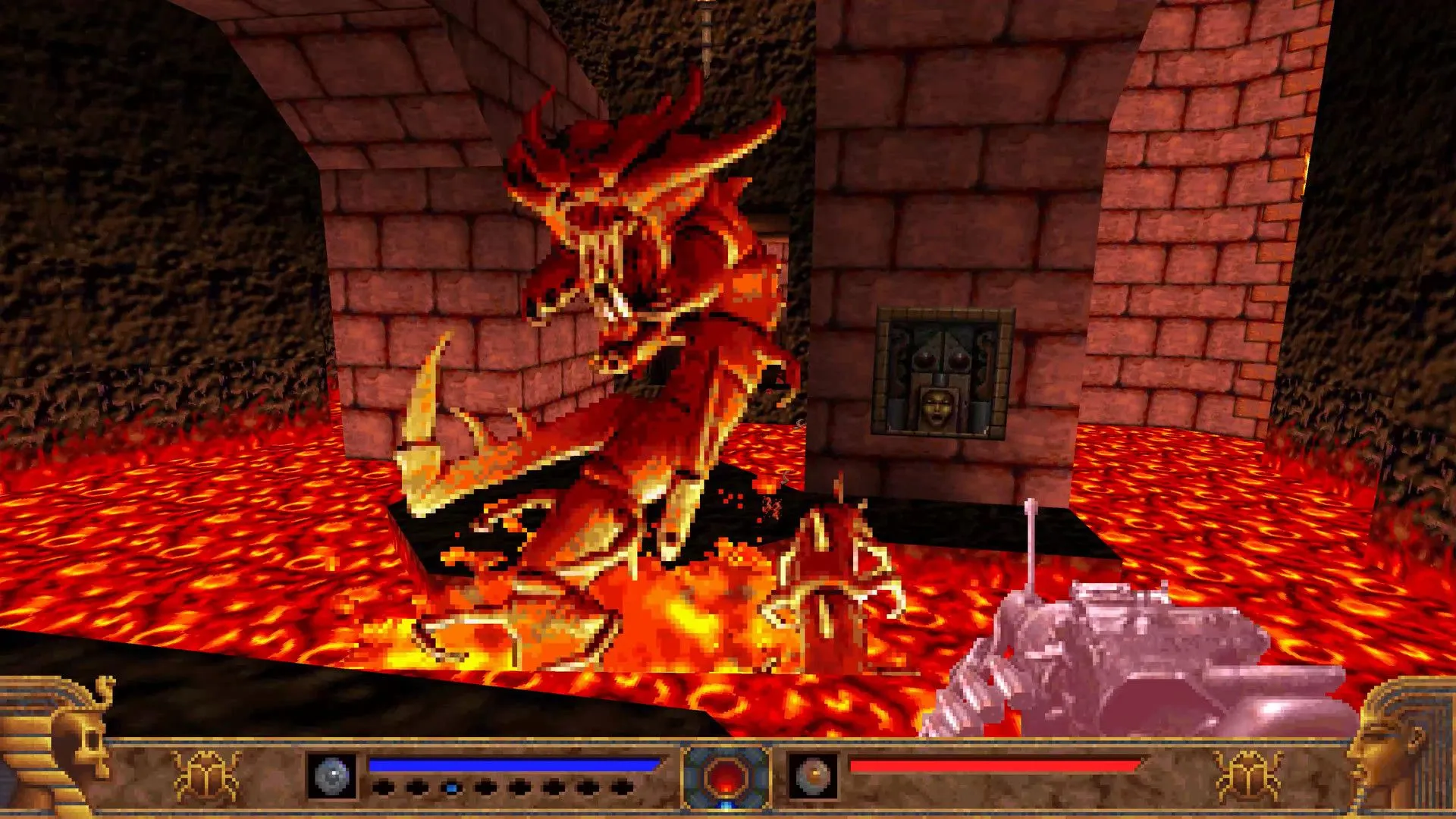 Cảnh game Powerslave Exhumed với đồ họa pixel art chi tiết và bối cảnh Ai Cập cổ đại