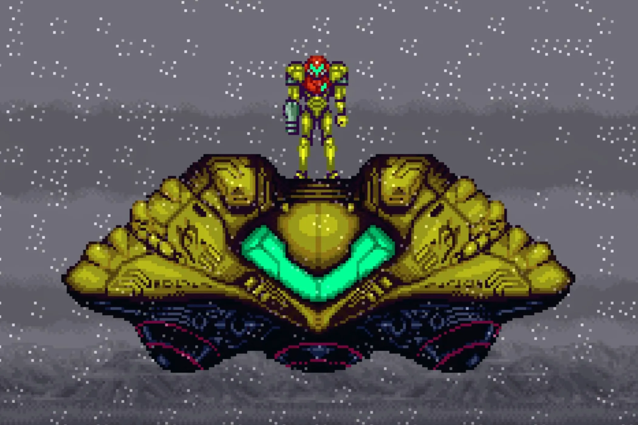 Cảnh game Super Metroid trên hệ máy SNES, minh họa lối chơi khám phá Metroidvania và nhân vật Samus Aran.