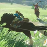 Cảnh game The Legend of Zelda: Breath of the Wild với khung cảnh đồng cỏ xanh mướt và Link đang chạy bộ