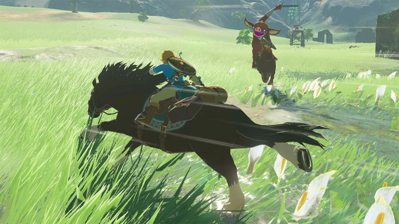 Cảnh game The Legend of Zelda: Breath of the Wild với khung cảnh đồng cỏ xanh mướt và Link đang chạy bộ