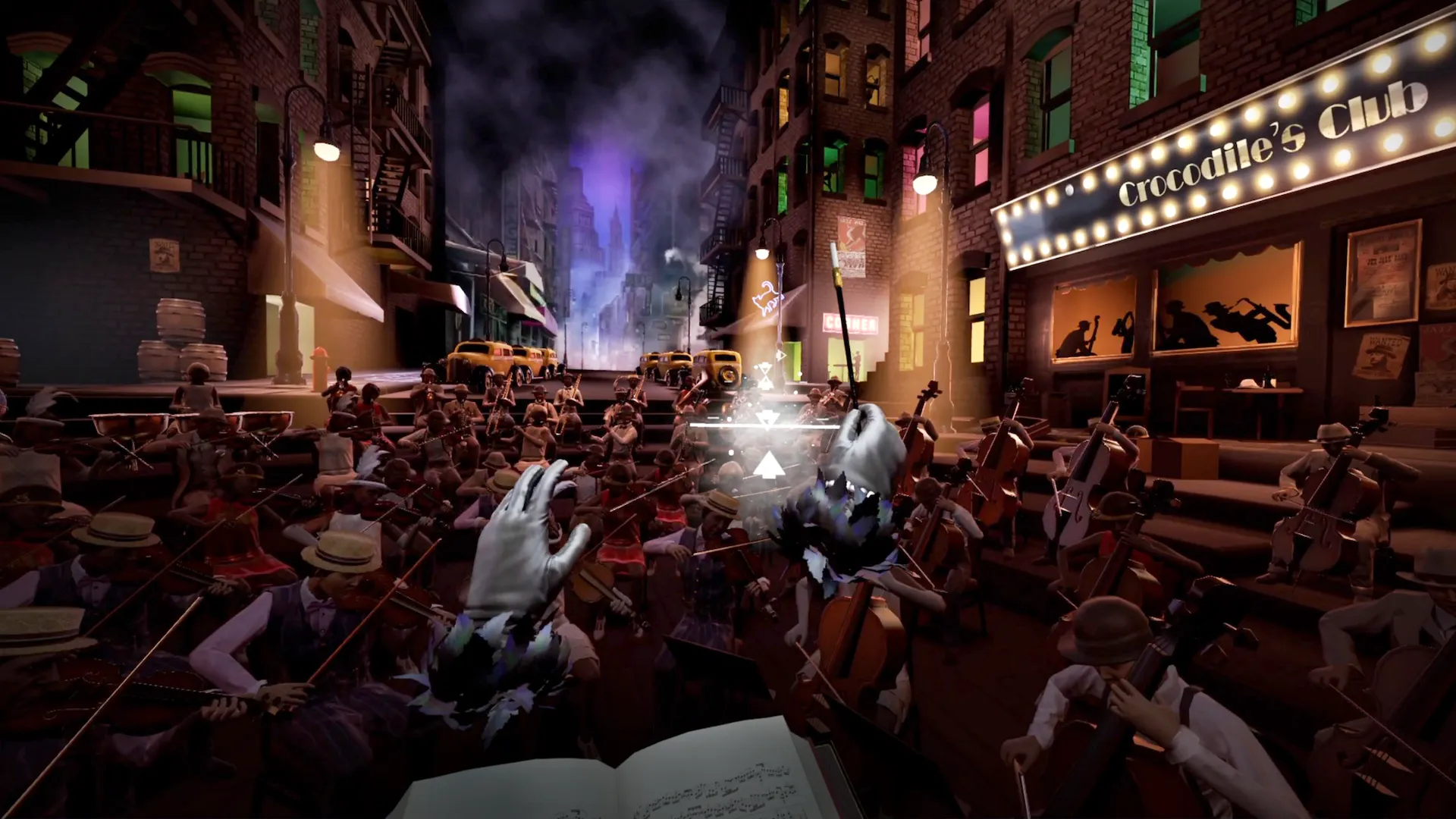 Cảnh một dàn nhạc jazz đang biểu diễn trên đường phố New York trong game VR Maestro