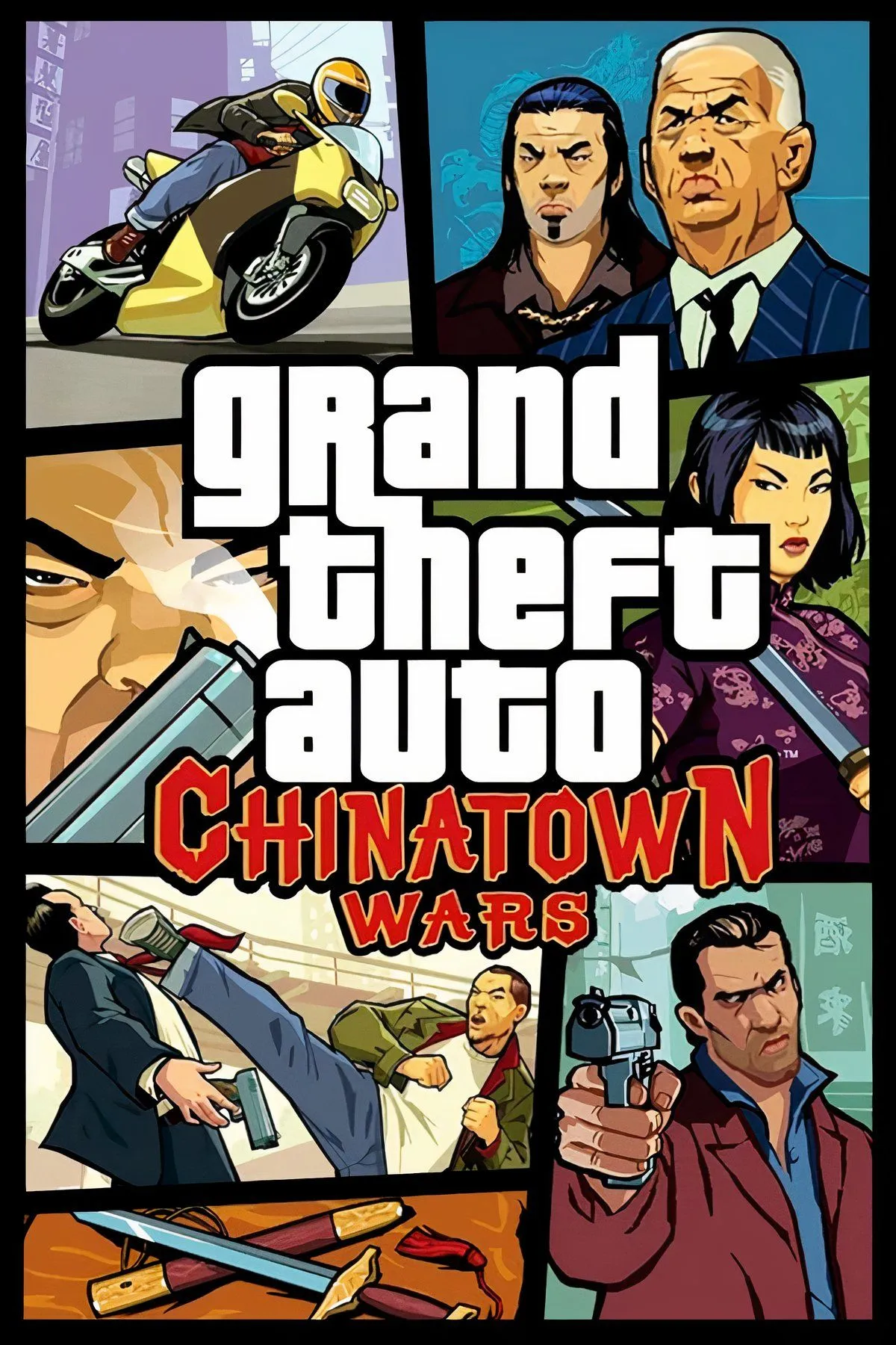 Cảnh quay gameplay từ trên xuống trong Grand Theft Auto: Chinatown Wars, mô tả thế giới mở và đồ họa cel-shaded.